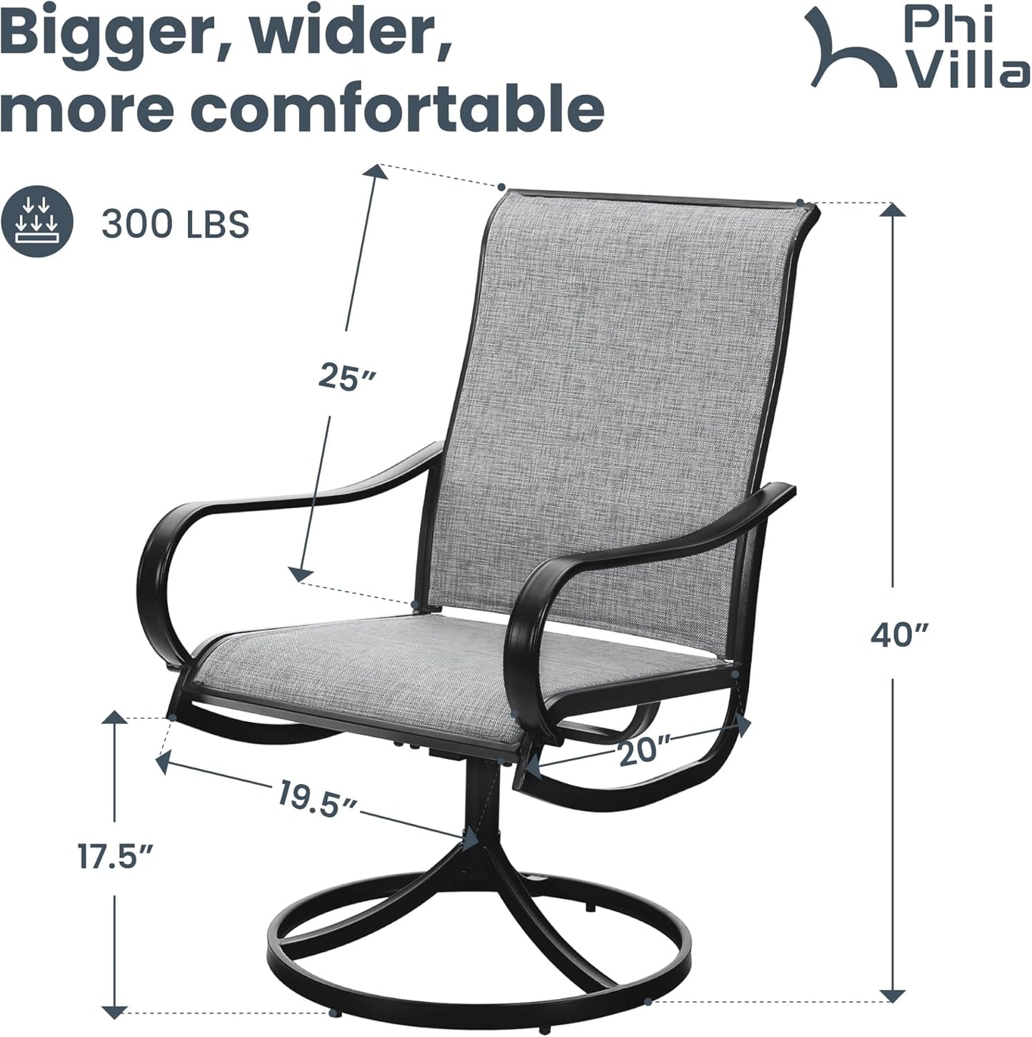 PHI VILLA Patio Swivel Dining Chairs Set of 6, Outdoor Chair with Textilene Mesh Fabric & Black Metal Frame for All Weather Outdoor Lawn Garden Poolside (Gray)