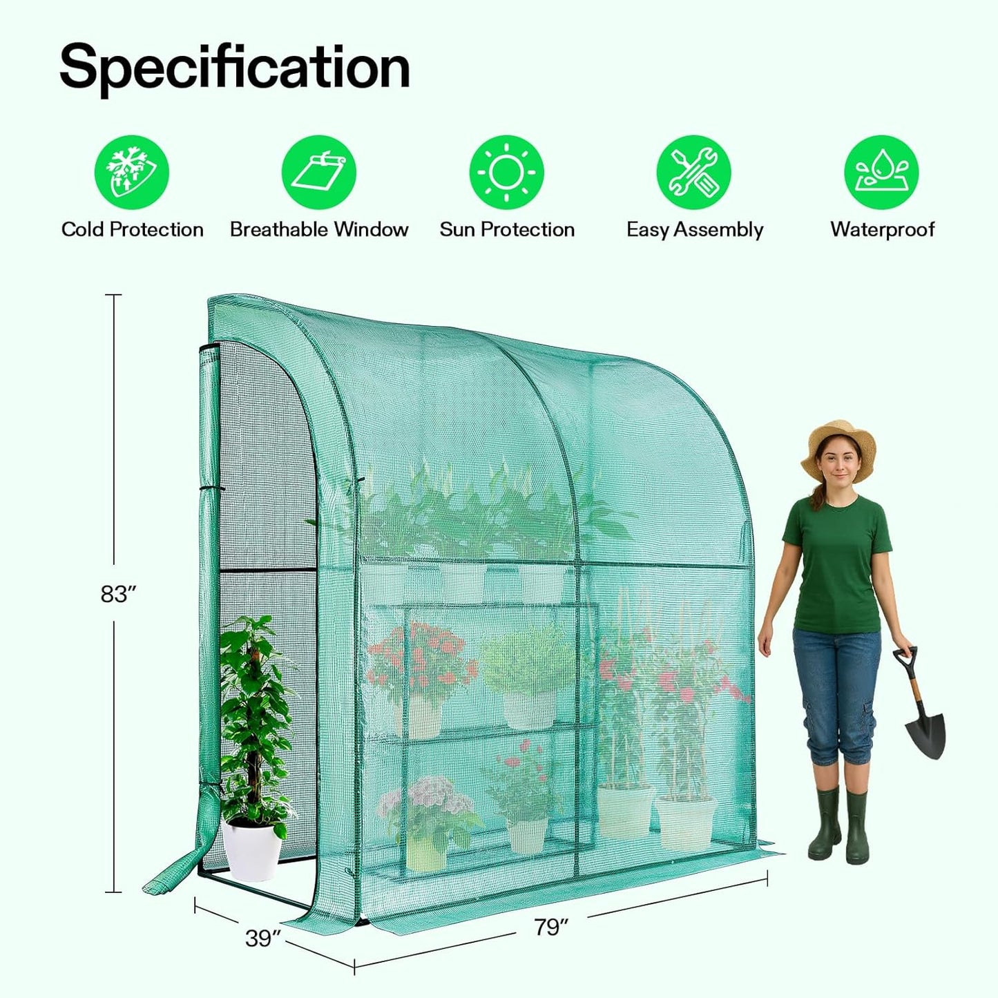 VIVOSUN Lean-to Greenhouse, 6.6’ x 3.3’ x 6.9’ Portable Wall House with Green PE Cover and Shelf for Compact Garden 79x39x83-Inch