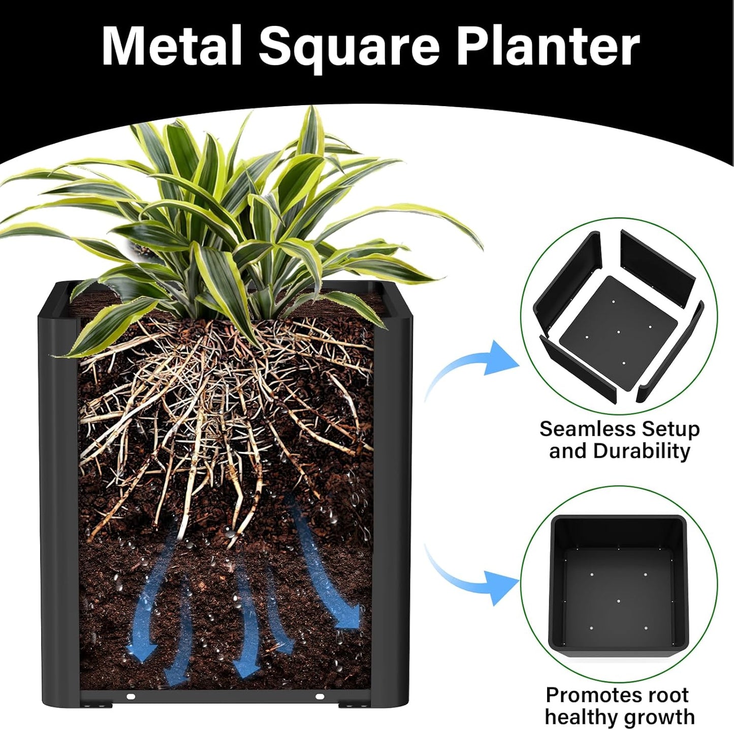Large Metal Square Planter 20" L x 20" W x 20" H, Black Large Outdoor Planters with Drainage Hole for Porch/Patio/Garden