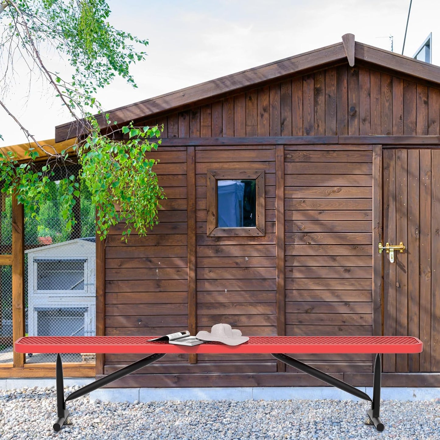 8 Feet Heavy Duty Metal Park Bench for Outside, Outdoor Bench with Portable Frame, Commercial Benches for Shopping Mall, Store, Park, Patio, Deck, Red