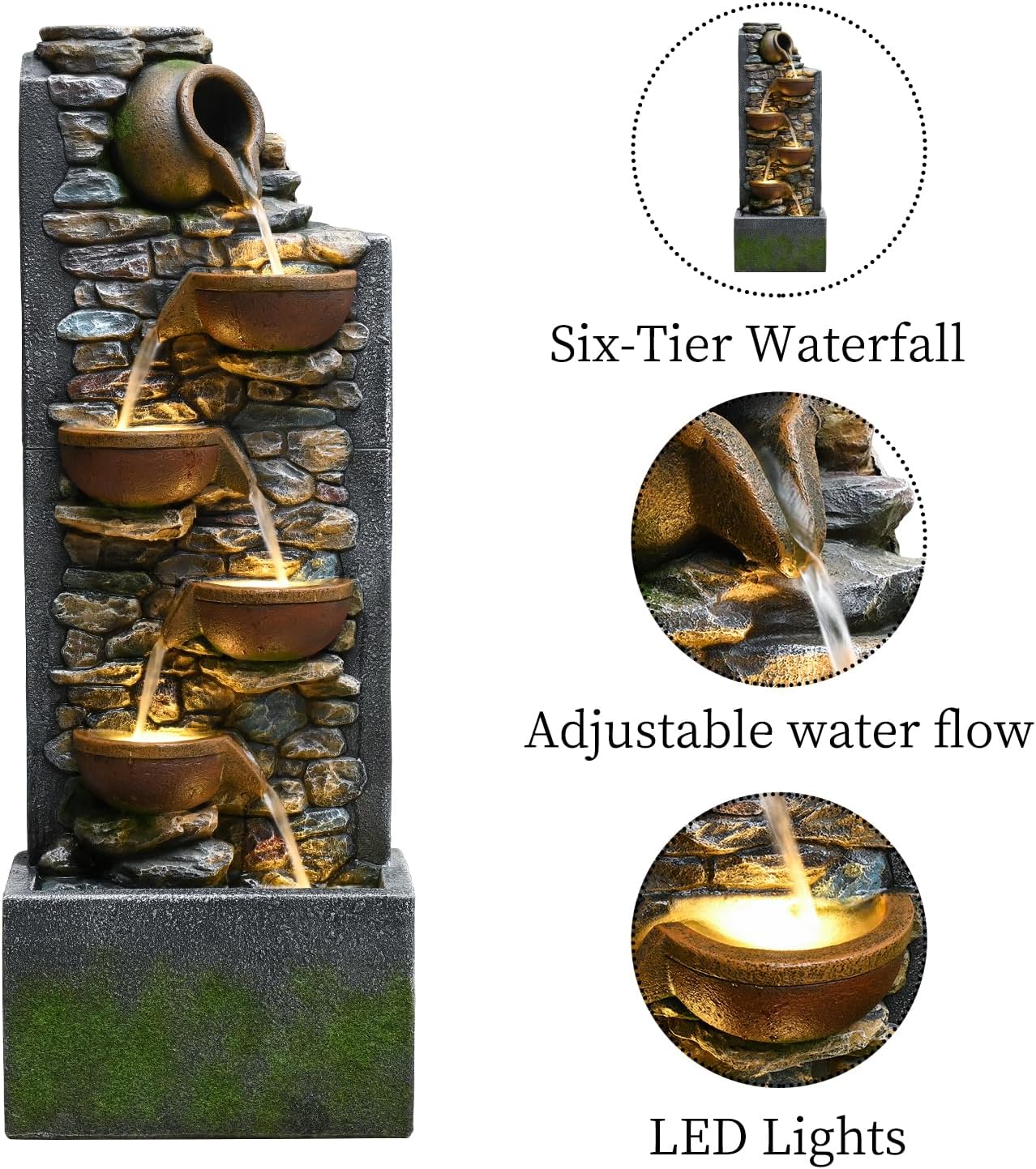 39" Outdoor Garden Water Fountain with Lights 5 Tiers Cascading Large Waterfall Floor Standing Fountain for Patio, Backyard, Deck, Porch and Home Art Decor