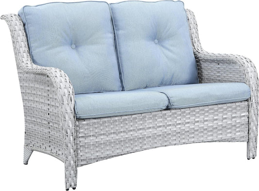 Outdoor Loveseat Small Patio Furniture 2 Seater Wicker Sofa Couch Rattan Seating for Deck Porch Backyard Baby Blue Cushion