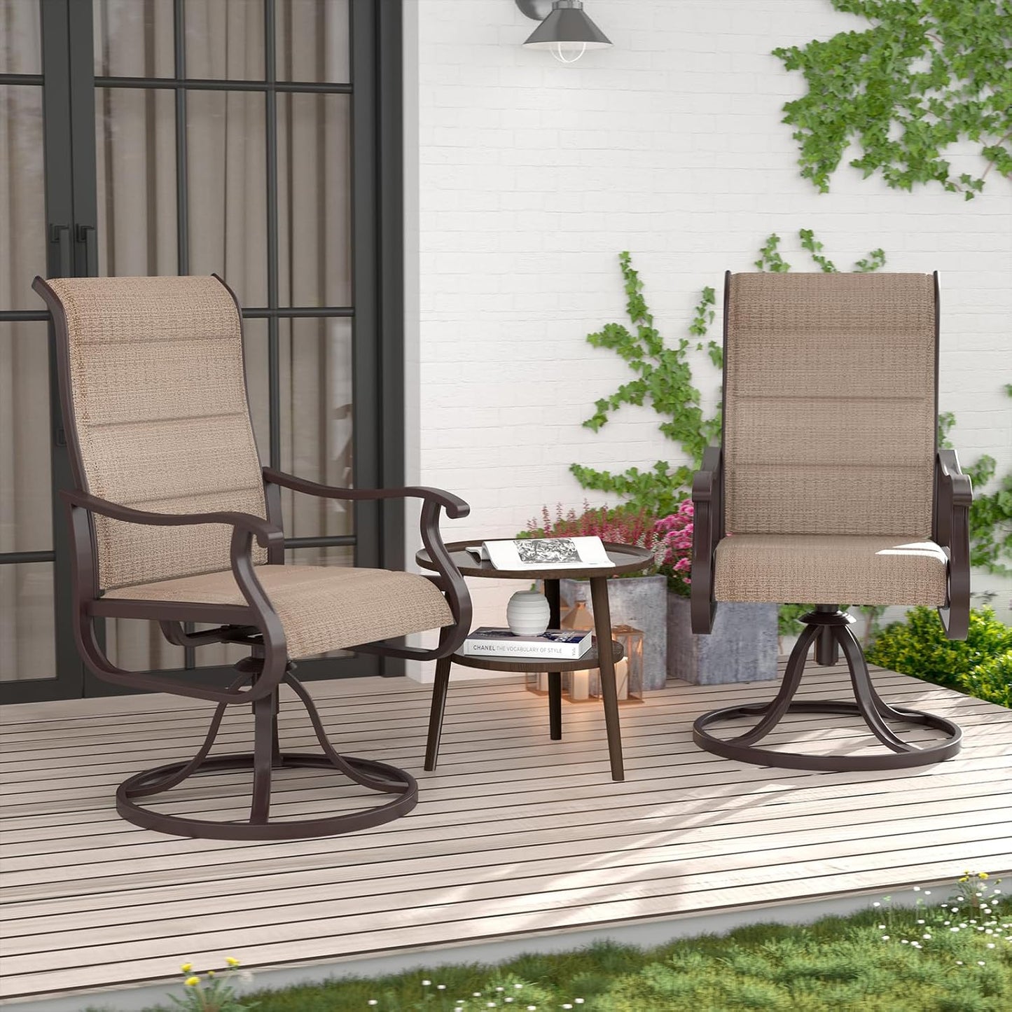 Amopatio Padded Patio Swivel Chairs Set of 2, Outdoor Dining Chairs with Ultra Soft Textilene High Back Seat & Metal Rocker Frame, for Backyard Deck Lawn, Brown