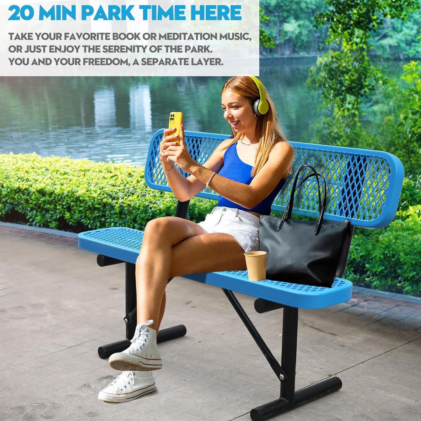 4Ft Outdoor Bench with Back Portable Frame, Outdoor Steel Park Bench with Backrest, Expanded Metal Mesh Bench for Outside, Lawn, Backyard, Park, Garden, Patio, Porch, Bule