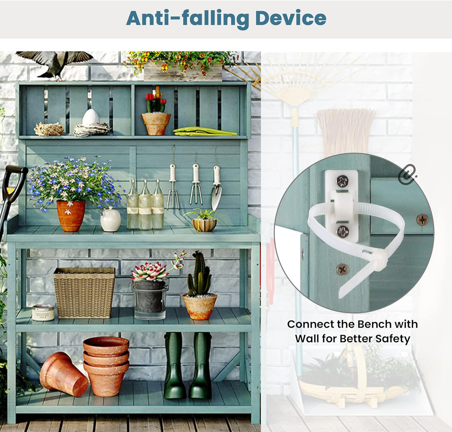 Merax 65" Large Wooden Farmhouse Rustic Outdoor Potting Bench Table with 4 Storage Shelves and Side Hook, Patio Workstation, for Garden, Backyard, Green