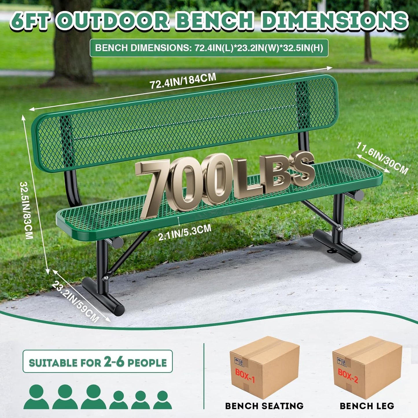 Thermoplastic Coated Iron Park Bench for Outside, Heavy Duty Metal Garden Bench, Expanded Commercial Grade Seating for Shopping Malls, Lawn Yard Porch Entryway (Green with Backrest, 72IN)