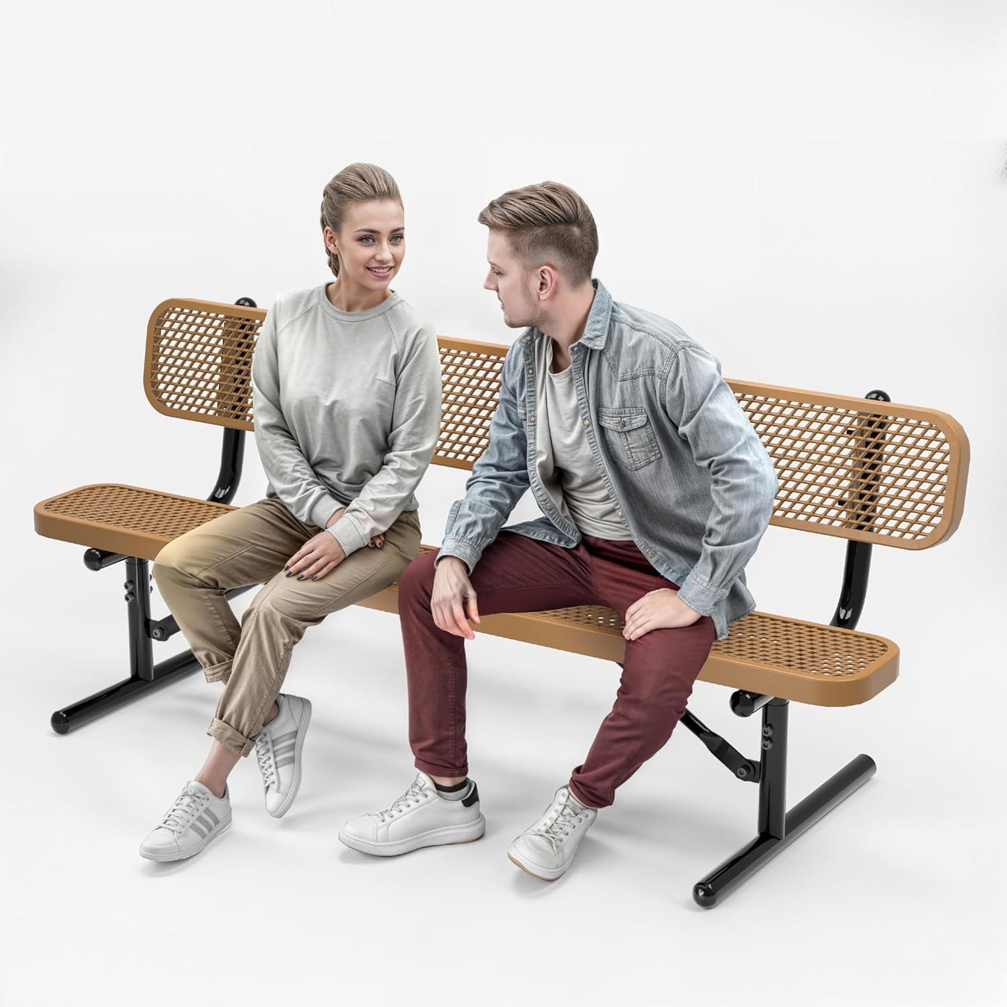 Heavy-Duty Outdoor Metal Bench, Thermoplastic-Coated, Portable, Weatherproof, Commercial-Grade for Parks, Gardens, Patios, Stores & More (6 Ft - Portable with Back, Brown)