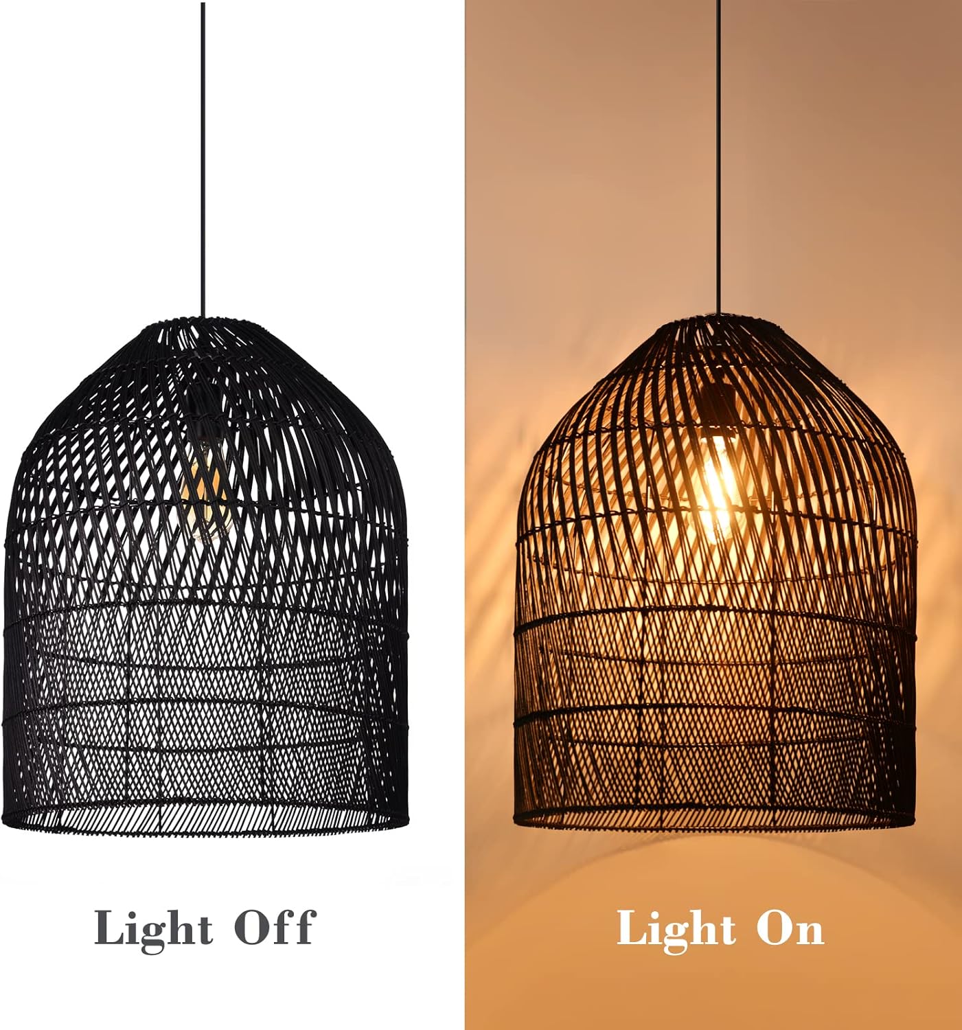 Arturesthome 1 Light Wicker Bell Pendant Lamp, Design Basket Rattan Woven Pendant Light Shades, Handmade Hanging Ceiling Lights Crafts Lampshade Black