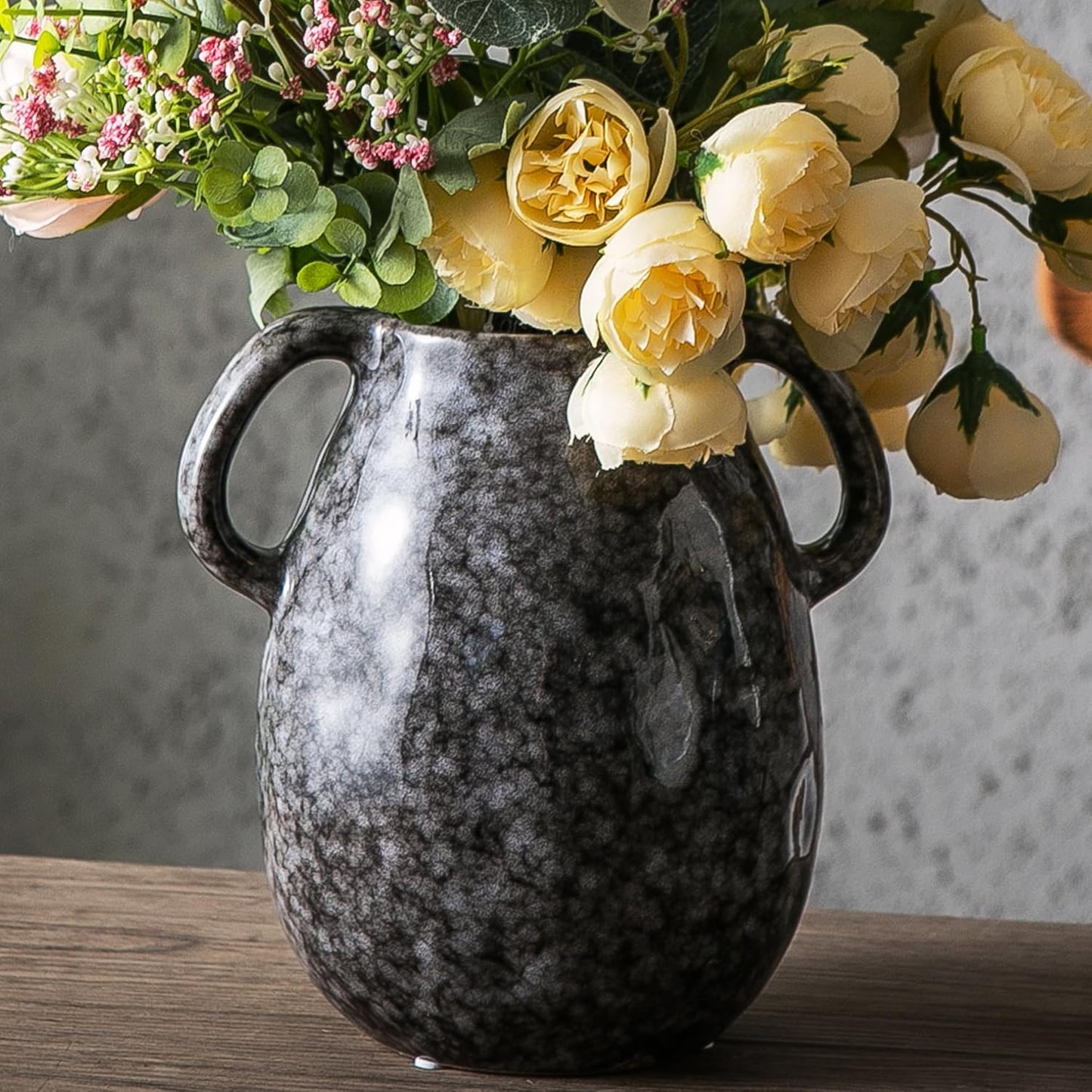 Ceramic Modern Farmhouse Vase with 2 Handles, Black Ceramic Vases for Home Decor, Rustic Pottery Vase, Decorative Terracotta Flower Vase, Boho Clay Vase for Table Living Room Shelf Mantel Decor