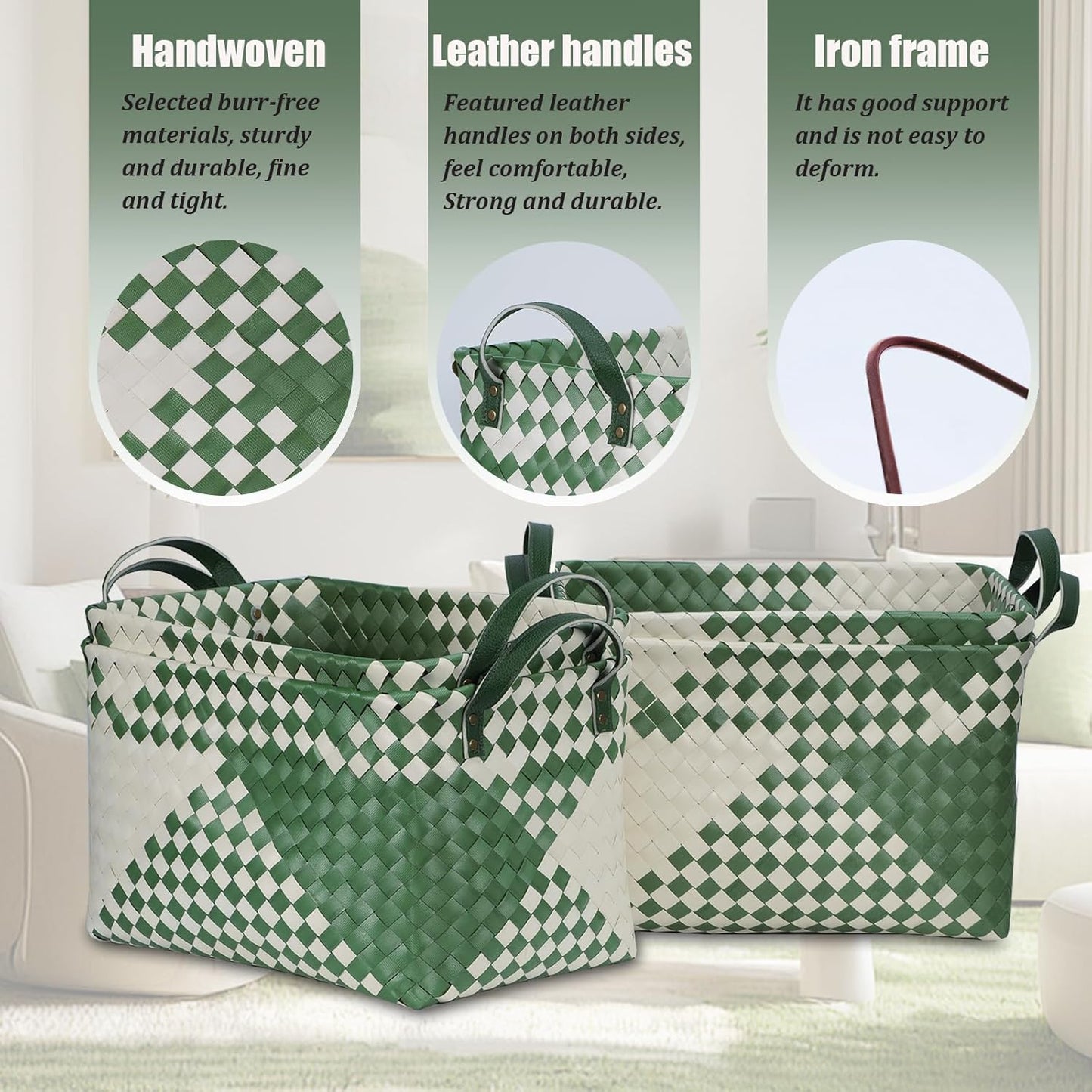 BROWNLILY Handwoven Clothes Basket Laundry Hampers Large Wicker Storage Baskets for Shelves Blankets Closet Storage Bins Car Bedroom Bathroom Organizers and Storage Bath (Pack of 4, Green&White)