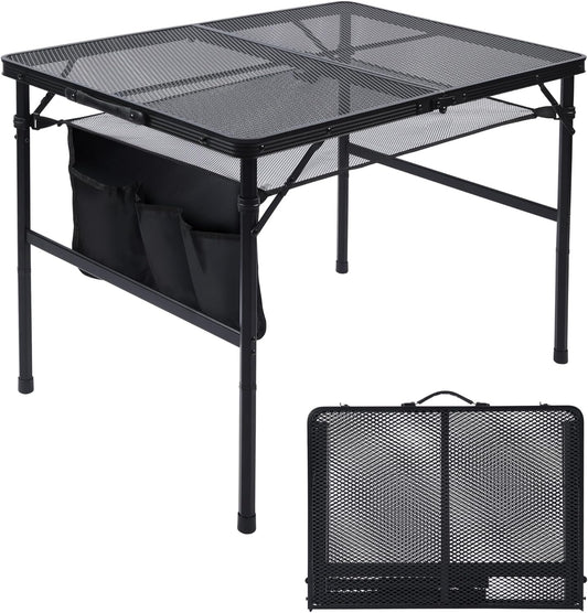 Folding Grill Table, 3x2 FT Portable Camping Table, Height Adjustable Metal Tables with Mesh Desktop and Mesh Bag, Outdoor Furniture for Camping, Picnic, Beach and BBQ, Black