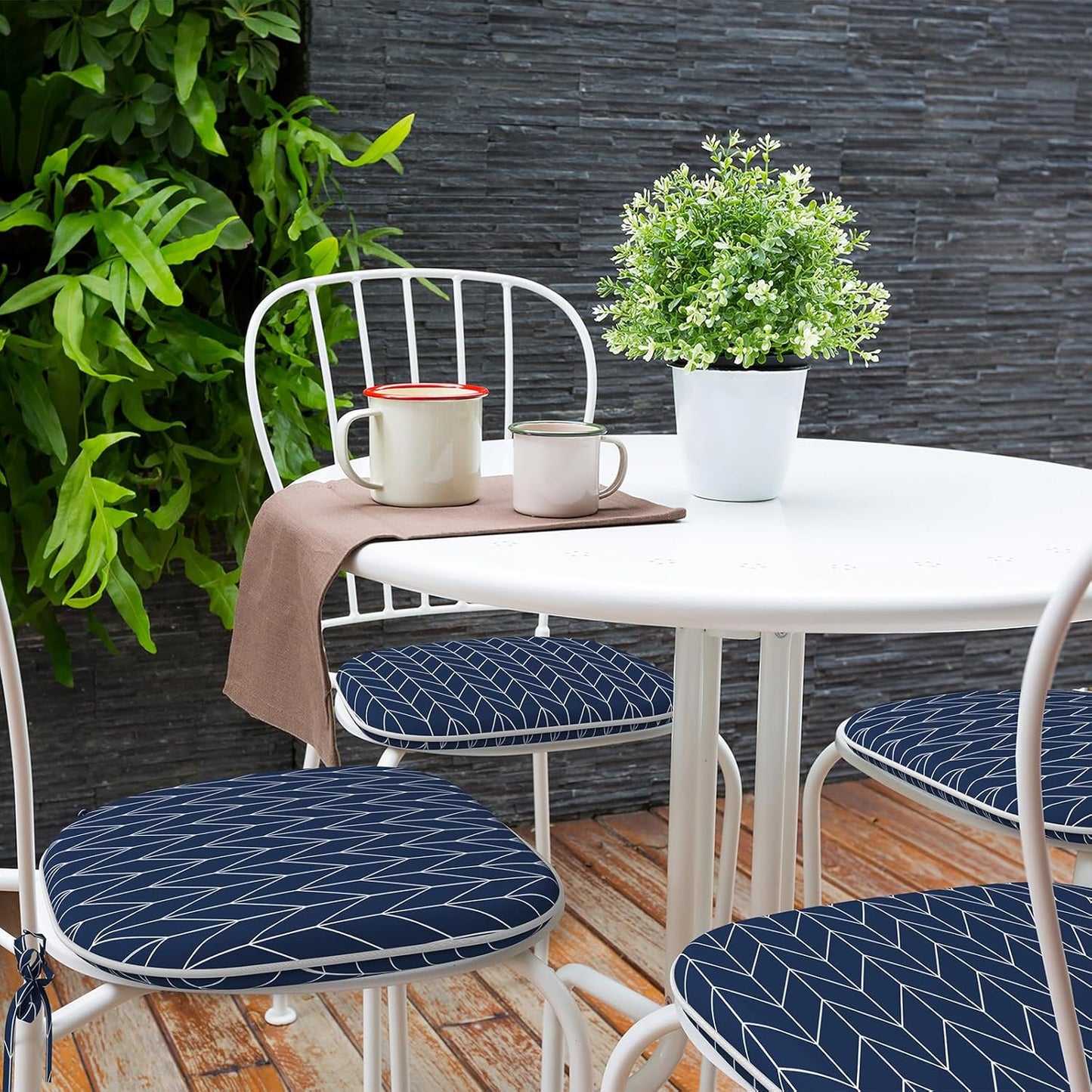 Indoor/Outdoor Chair Cushions 16x17 Inch, Patio Chair Cushions with Ties, All Weather Seat Cushions for Patio Furniture Home Garden Chair Use, Set of 4, Herringbone Navy