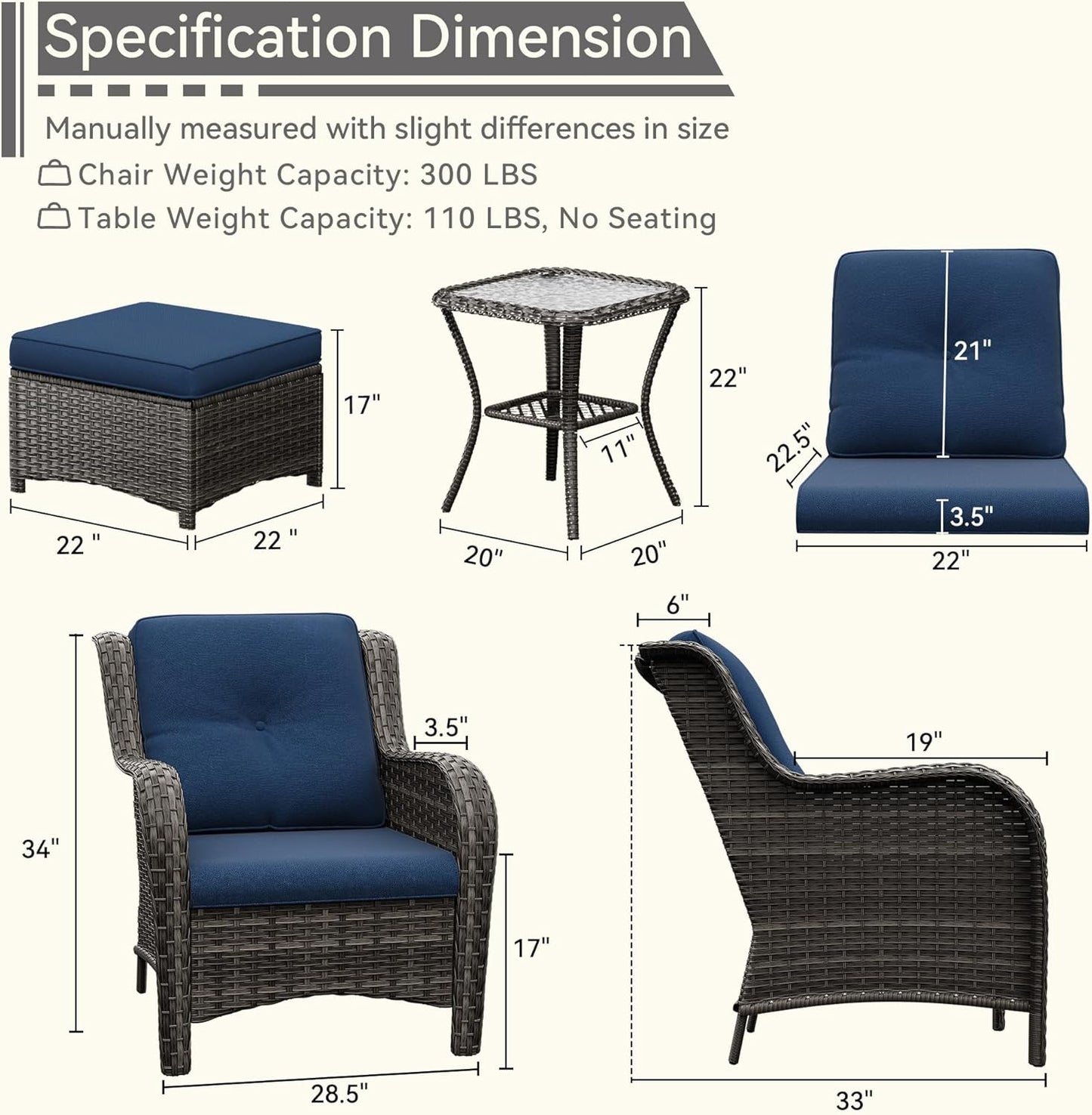 5 Pieces Patio Conversation Set, Wicker Chairs Set of 2 and Two Ottomans with 3.5-inch Seat Cushions, 1 Side Table High Back and Curved Armrest for Backyard, Balcony and Deck, Blue