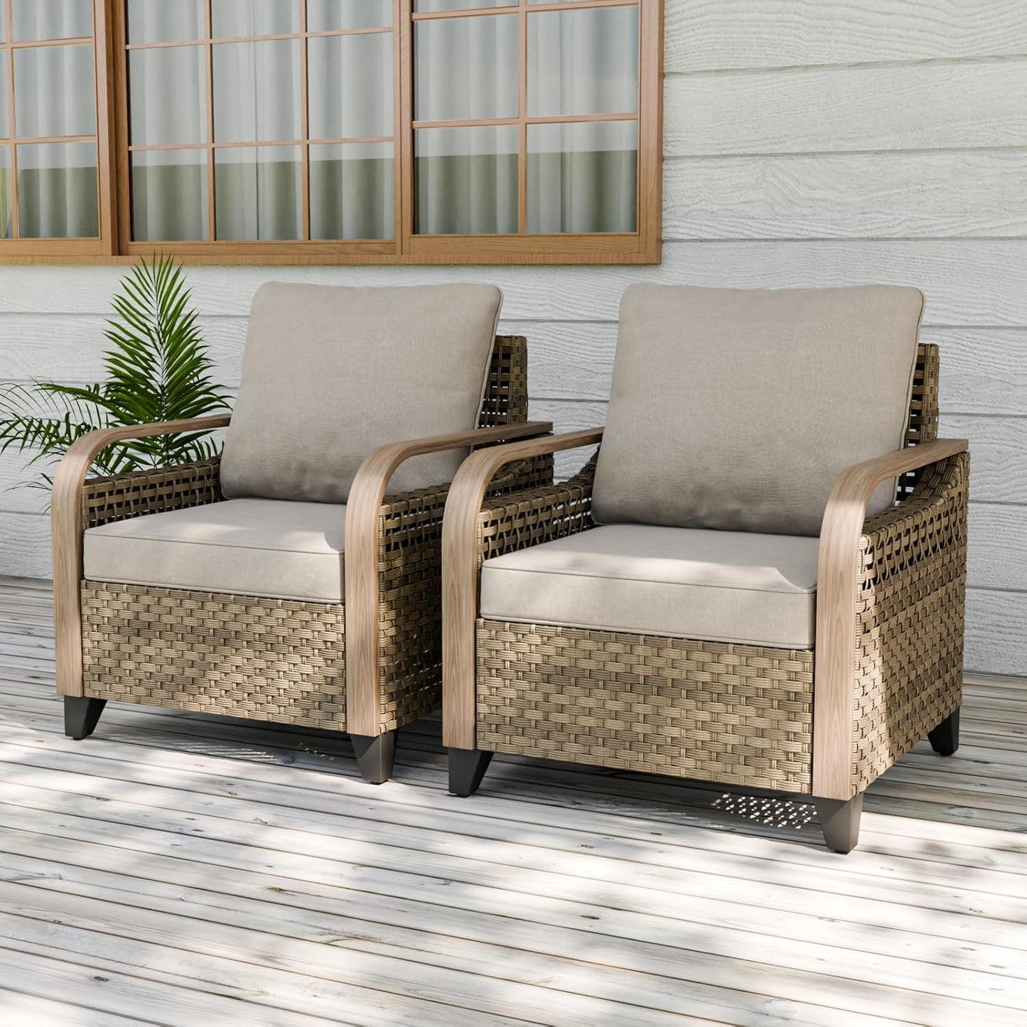 EAGLE PEAK Modern Wicker Outdoor Chair, Patio Chair Curved Armrest, Rattan Patio Furniture for Yard Deck Porch Garden, 2 Chairs, Brown/Gray