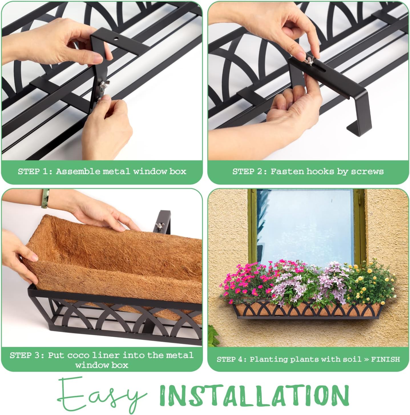 Window Box Railing, 36 Inch Black Metal Hanging Flower Planter Basket with Coco Liner for Outdoor Balcony Porch Fence Patio for Home, Office and Hotel (Black - 4 Pcs/Set)