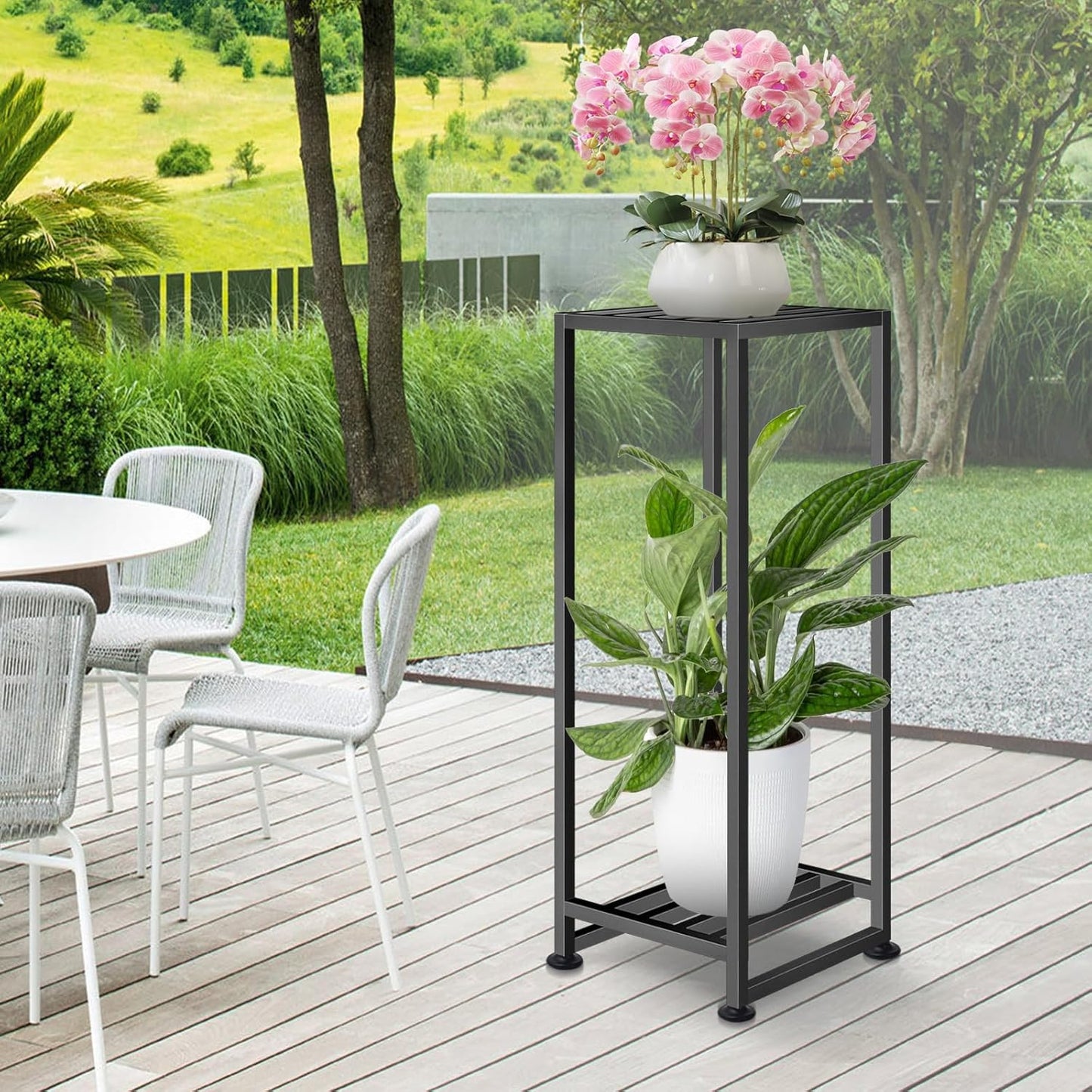 Plant Stand Indoor Outdoor, Wrought Iron Plant Stands 2 Tier Heavy Duty Metal Pedestal Stand Decorative Flower Stand for Patio Garden Deck Living Room