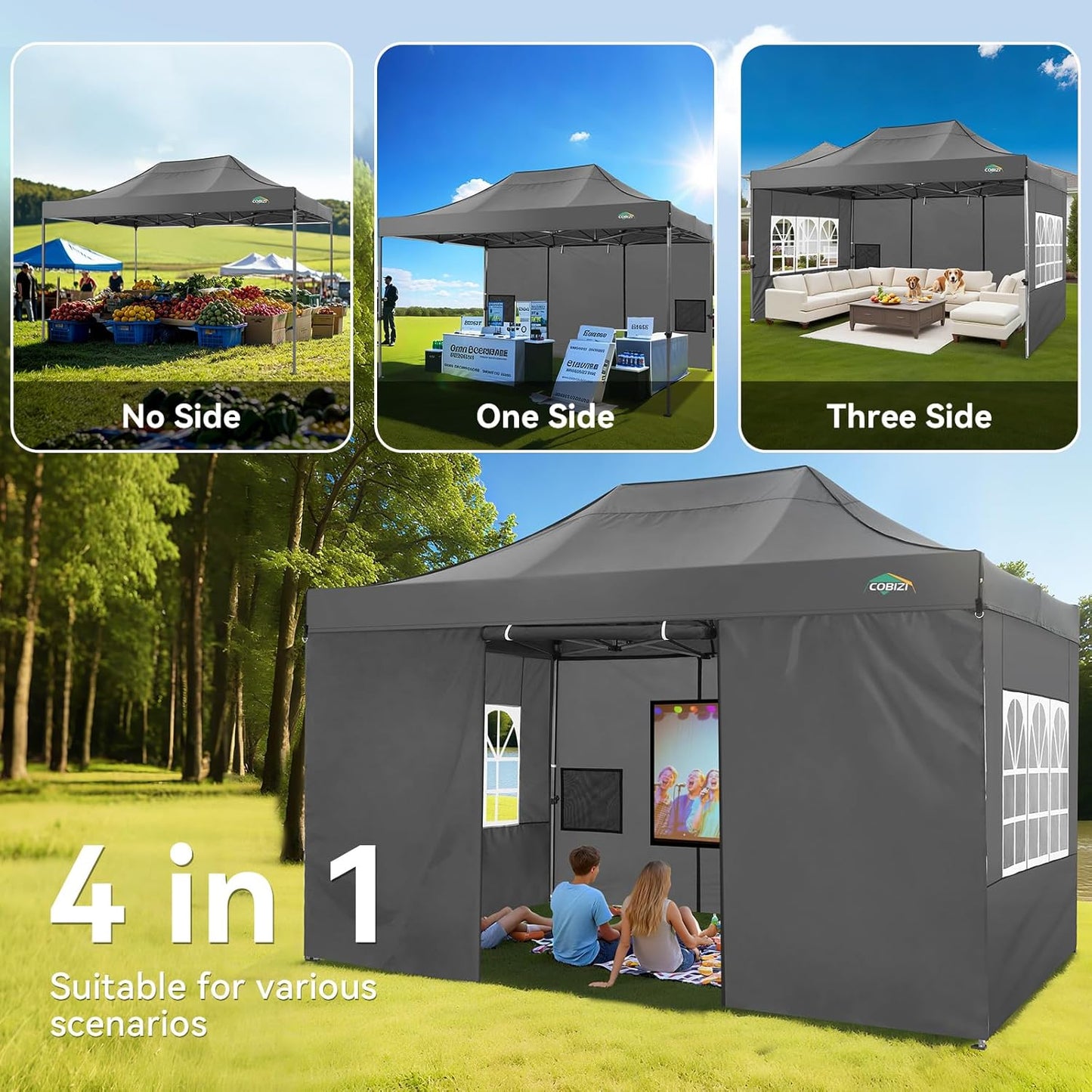 COBIZI 10x15 Pop up Canopy Heavy Duty with 4 Sidewalls, Easy Set-up Commercial Outdoor Party Canopy, 100% Waterproof Wedding Gazebo, 3 Height Adjustable with Handbag, Gray