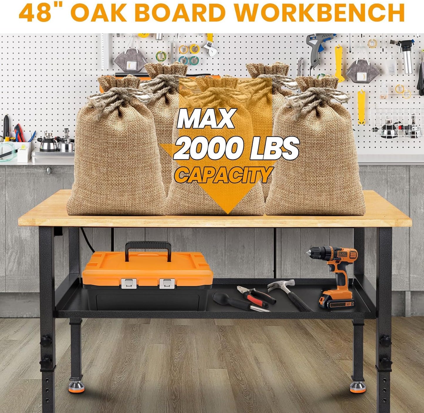 48"/60'' Adjustable Workbench, Rubber Wood Top Work Bench Heavy-Duty Work Table w/Power Outlet, Partition,2000 LBS Load Capacity Work Benches for Garage, Workshop, Home, Office, Easy Assembly