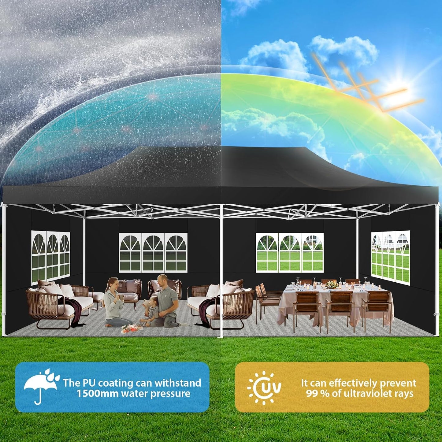 COBIZI 13x26 Pop up Canopy Heavy Duty with 6 Sidewalls, Easy Set-up Commercial Outdoor Party, 100% Waterproof Wedding Canopy Gazebo, 2 Height Adjustable with Wheeled Bag,Black