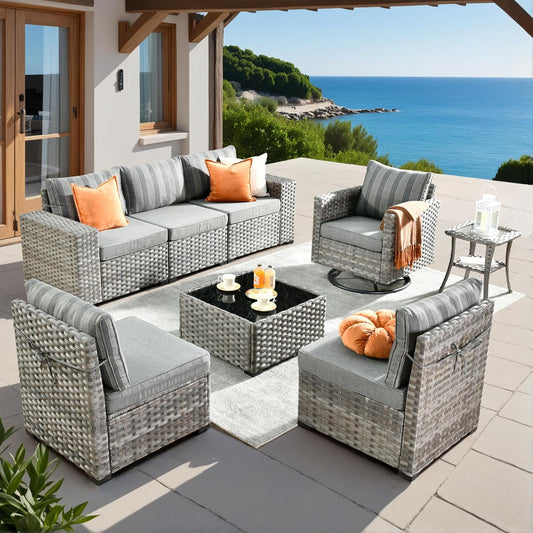 ovios 8 Pieces Patio Furniture Set, Outdoor Wicker Sectional Sofa with Swivel Chair Coffee Table, Modern Modular Deep Seat Rattan Couch Conversation Sets, Dark Gray Stripe