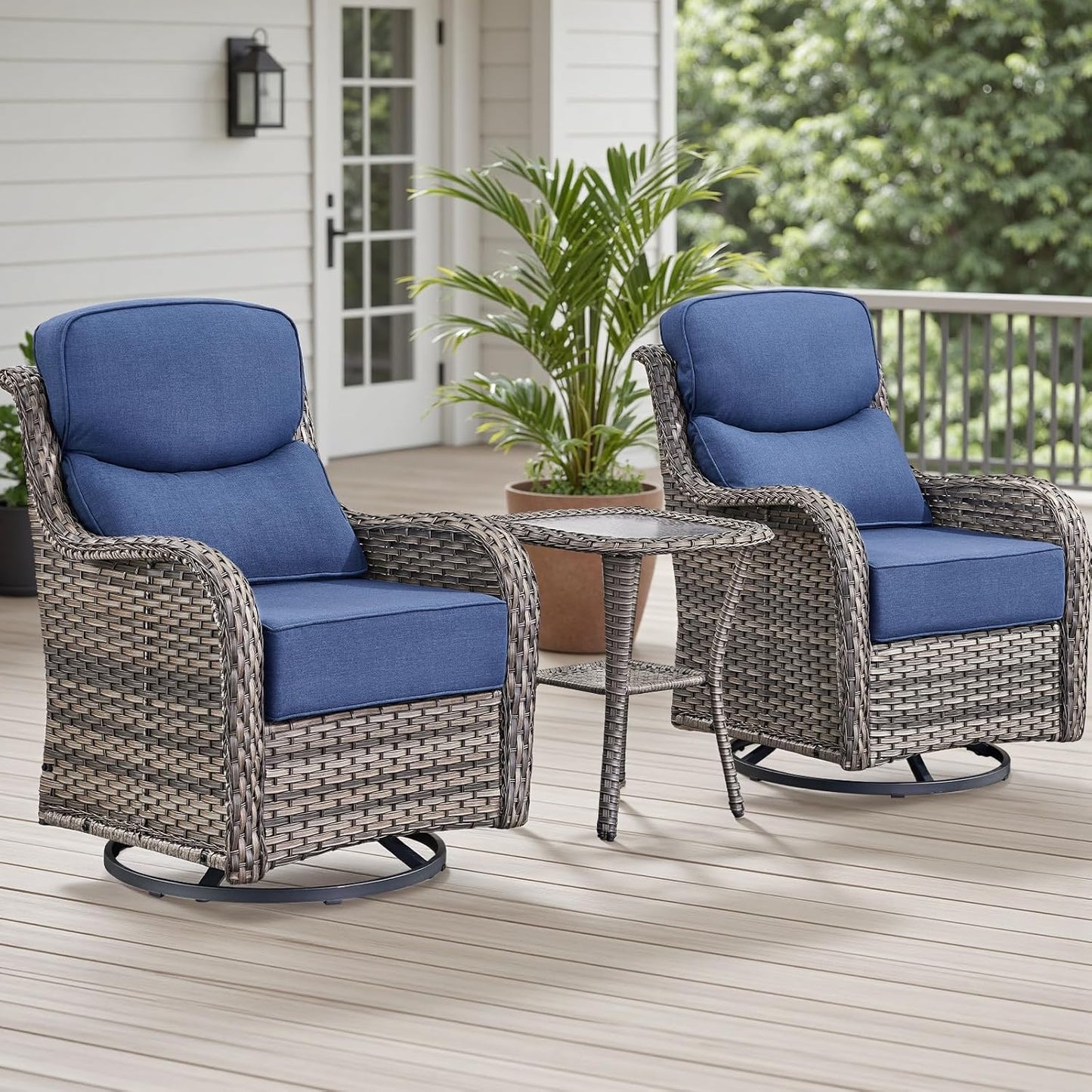 Outdoor Patio Swivel Rocker Chairs Set of 2, Waterproof Wicker, High Back, Deep Seating, Wide Armrest, Upgraded 6 inch Thick Cushions, Side Table, Ideal for Deck Porch Yard, Mixed Grey-Blue