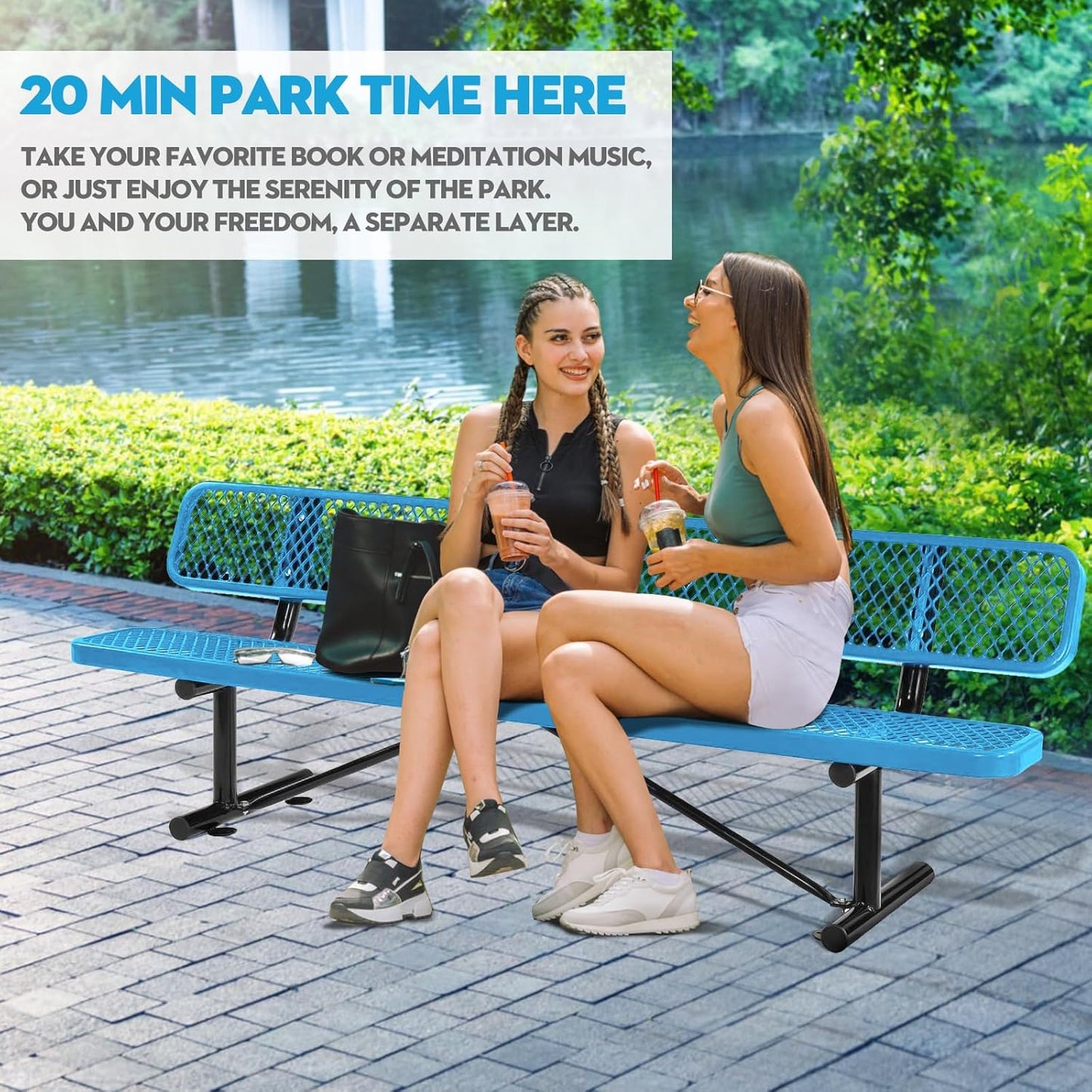 Thermoplastic Coated Iron Park Bench for Outside, Heavy Duty Metal Garden Bench, Expanded Commercial Grade Seating for Shopping Malls, Lawn Yard Porch Entryway (Blue with Backrest, 96IN)