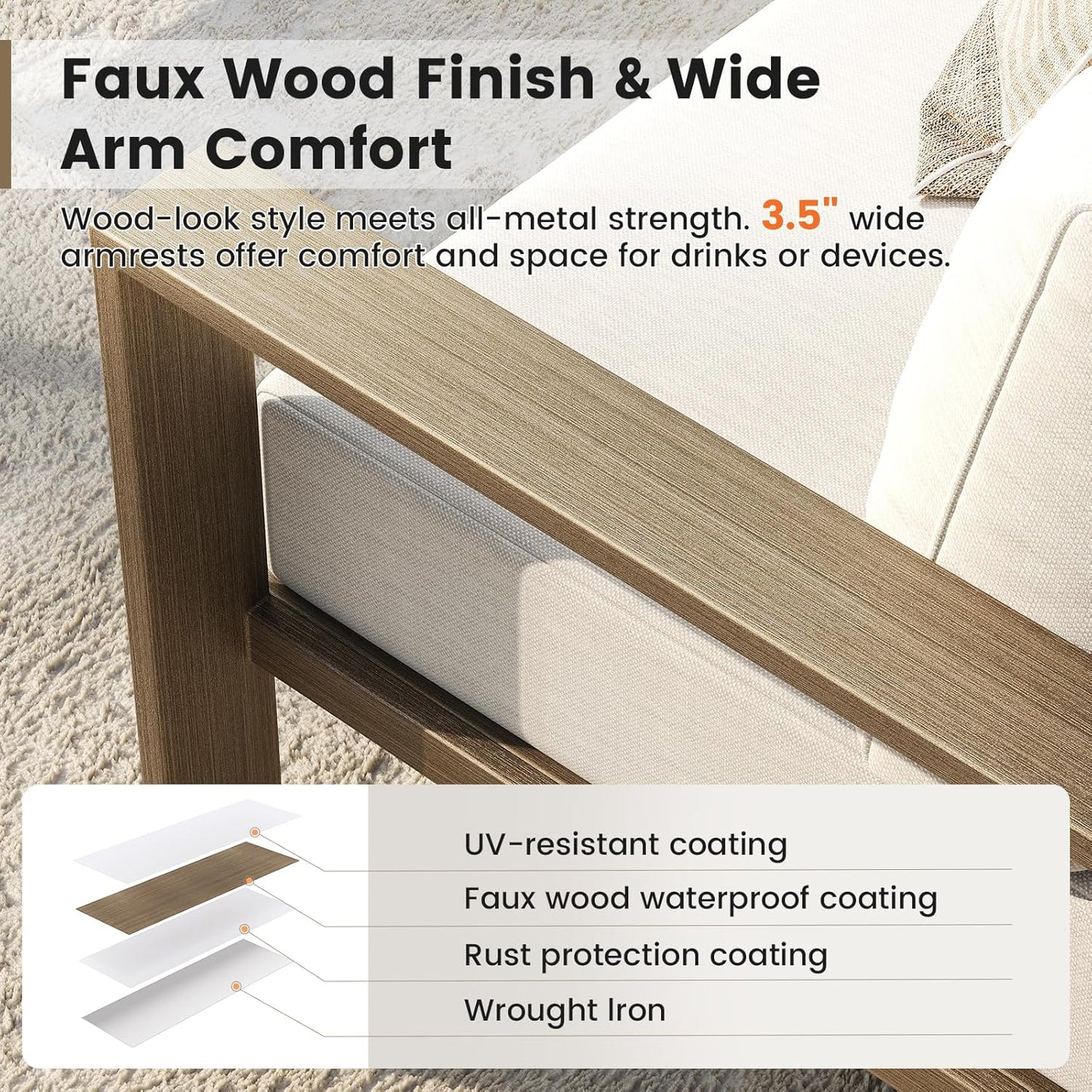 UDPATIO 6 Piece Patio Furniture Set, Faux Wood Metal Outdoor Sectional Sofa with 6" Thick Olefin Cushions, Wide Armrest & Coffee Table, L Shaped Outdoor Furniture for Garden, Backyard Beige