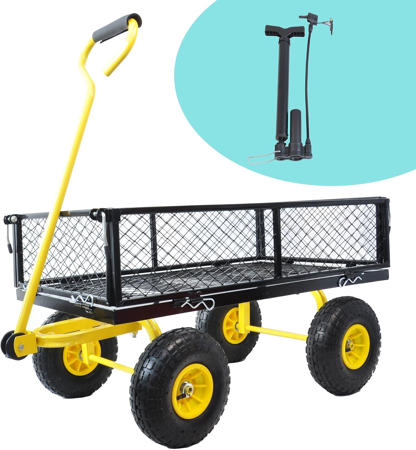 Wagon Removable Sides - Farm, Warehouse, Yard Dump Cart - Yellow+Black Air Wheels