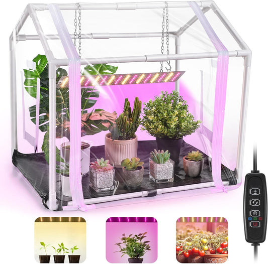 Meonum Mini Greenhouse with Grow Light for Indoor, Tabletop Small Greenhouse Kit with Bottom Mat for Waterproof, 15W Plant Dimmable LED Grow Lights and Timer, 3 Light Color Mode for Seed Starter Tray