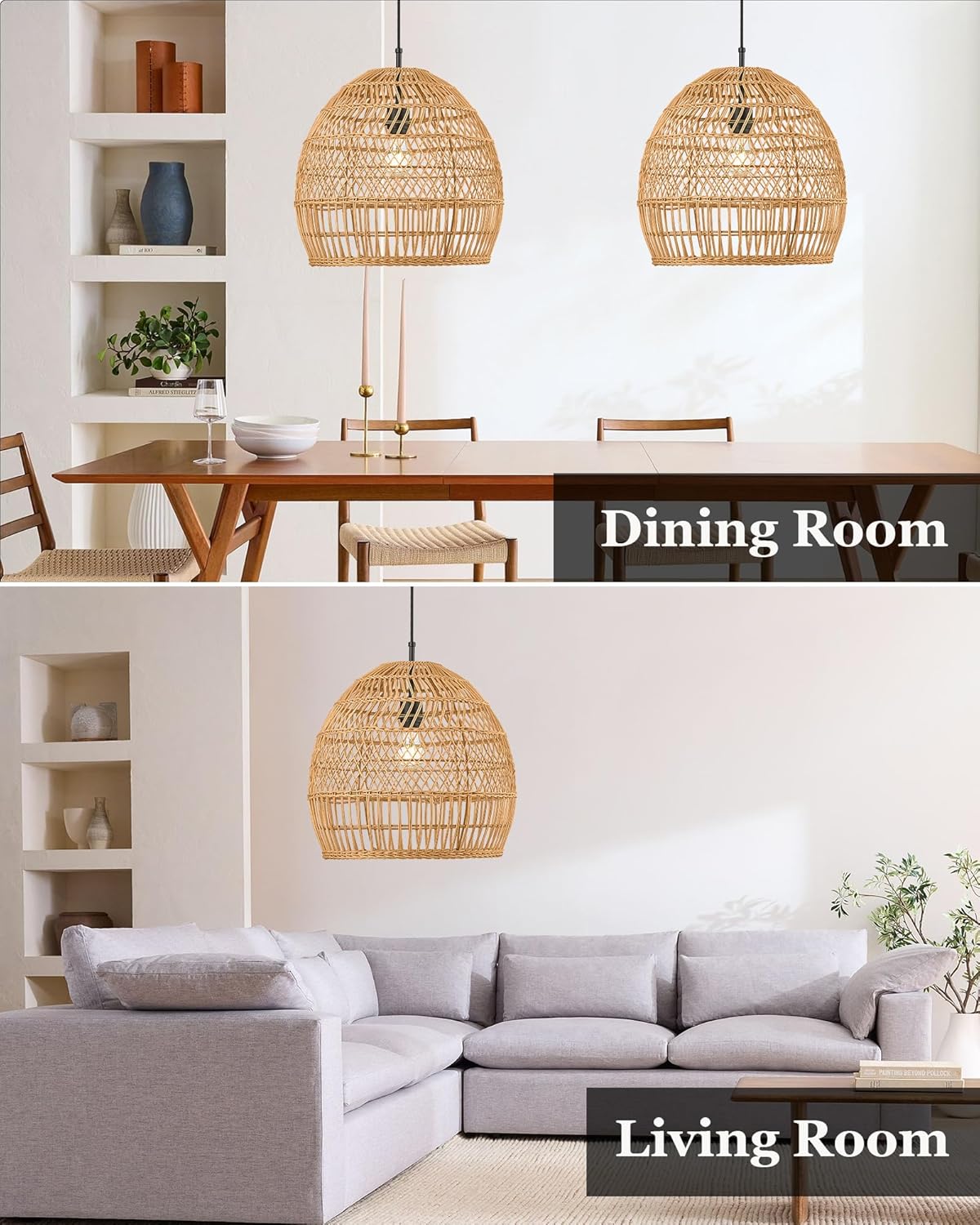 ELYONA 16” Large Boho Rattan Chandelier, Modern Rustic Wicker Pendant Light Fixtures, Basket Hand Woven Hanging Lamp for Coastal Kitchen Island Dining Room Living Room Bedroom Foyer (40cm*40cm)