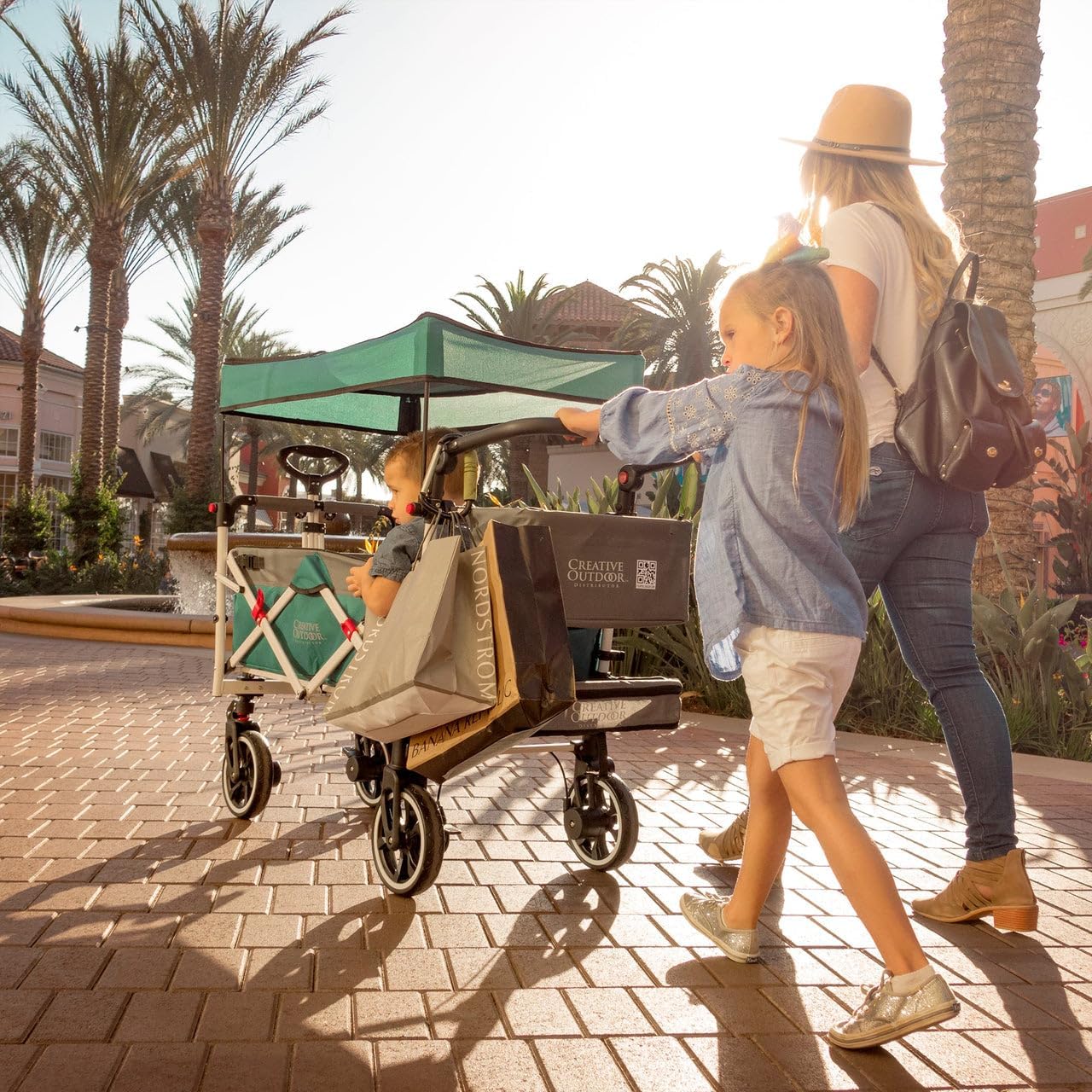 Creative Outdoor Wagon for Kids Push Pull Collapsible Stroller with Canopy Folding Cart for Beach, Park, Garden (Teal & Grey)