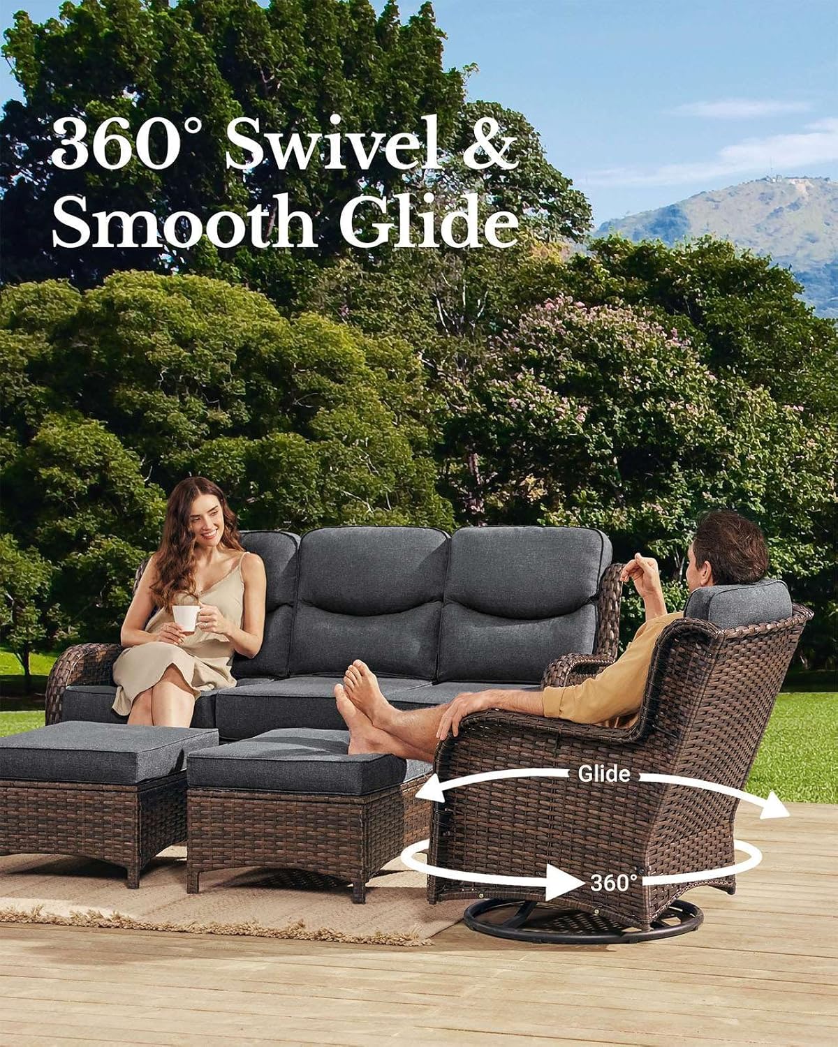 HILLGA Luxury Patio Furniture Set with 6-Inch Thick Cushions, High Back Outdoor Swivel Rocker Chairs and Patio Couch, 13-Piece All Weather Conversation Set for Porch Deck Pool Yard, Dark Grey (V3)