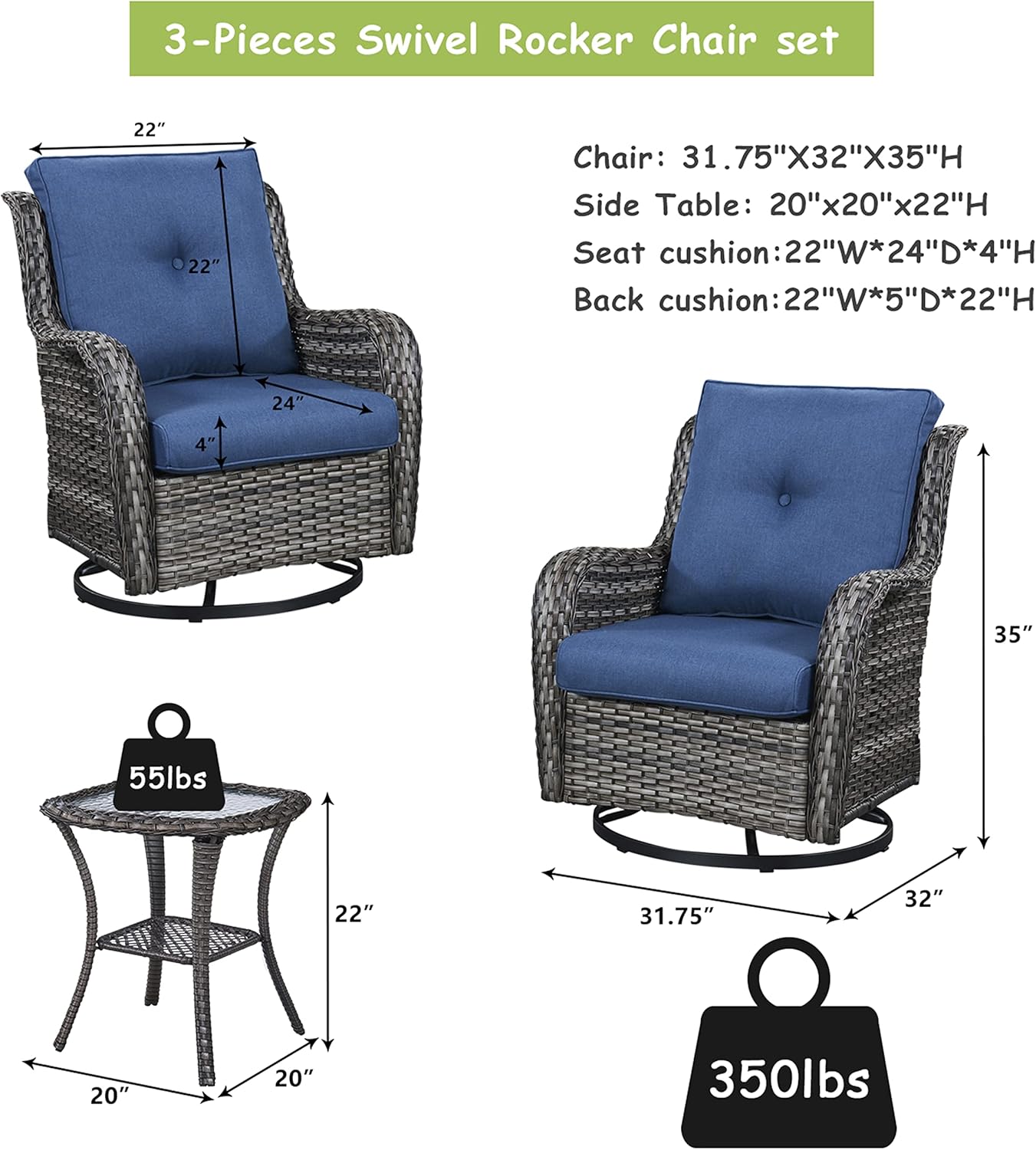 Outdoor Patio Swivel Rocker Chairs - 3 Piece Patio Bistro Set,Wicker Patio Furniture Set with 2 Swivel Rocking Chairs and 1 Glass Top Side Table for Deck Porch Garden,Mixed Grey/Blue