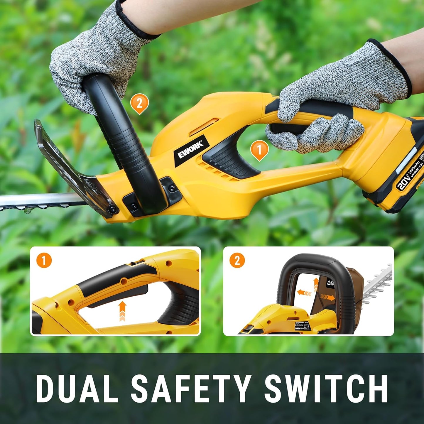 EWORK 20V Cordless Hedge Trimmer 22-Inch Electric Bush Trimmer, 5/8" Cutting Capacity, Battery Powered Lightweight Handheld Shrub Trimmers with Battery and Charger for Garden, Yard