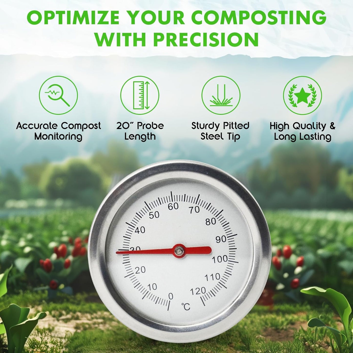 Fishnure - 20” Compost Thermometer, Indoor & Outdoor Thermometer Probe for Composting Bin Heaps, with 1.8” Diameter Celsius Dial & Temperature Gauge, Complements The Compost Starter