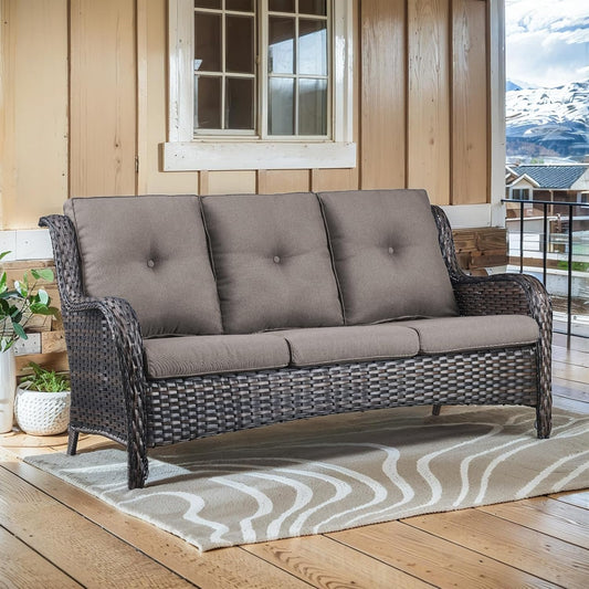 Outdoor Furniture 3-Seater Rattan Sofa Patio Wicker Sofa Couch Furniture Set with Washable 4” Grey Cushions