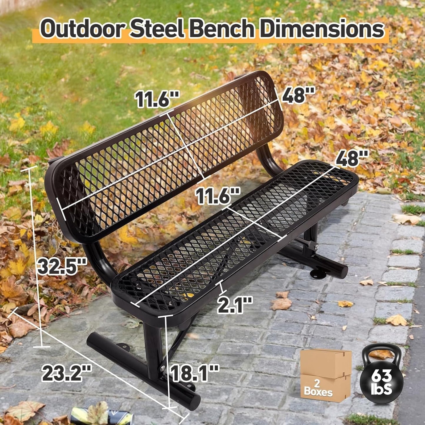 4FT Heavy Duty Park Bench with Back Portable Frame, Outdoor Metal Park Bench with Backrest, Steel Mesh Outdoor Bench for Garden, Lawn, Patio, Porch, Park, Yard (Black, 48" D x 23.2" W x 32.5" H)
