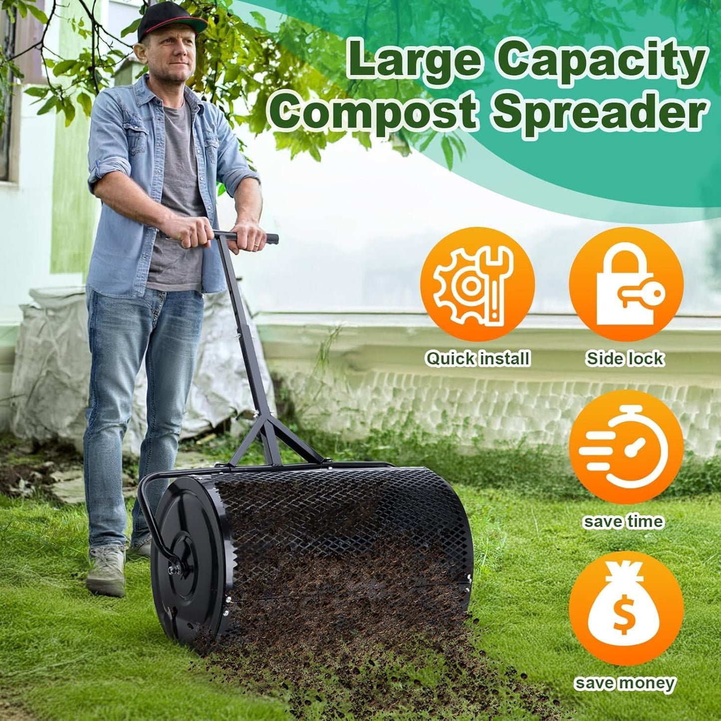 Compost Spreader, Durable Lawn Roller, Manure Spreader with Upgrade T Shaped Handle, Top Soil Spreader for Lawn and Garden Care Manure Spreaders Roller (16 Inch-T-Black-S)