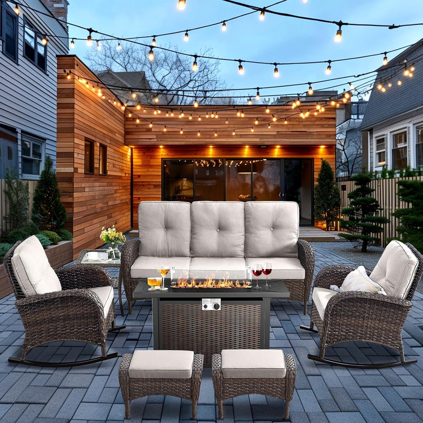 HUMMUH 7-Piece Outdoor Patio Furniture with Fire Pit Set,Wicker Patio Sofa Set Outdoor Rocking Chairs with Ottomans for Backyard,Poolside,Deck