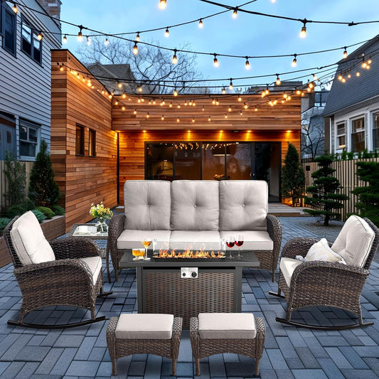 HUMMUH 7-Piece Outdoor Patio Furniture with Fire Pit Set,Wicker Patio Sofa Set Outdoor Rocking Chairs with Ottomans for Backyard,Poolside,Deck