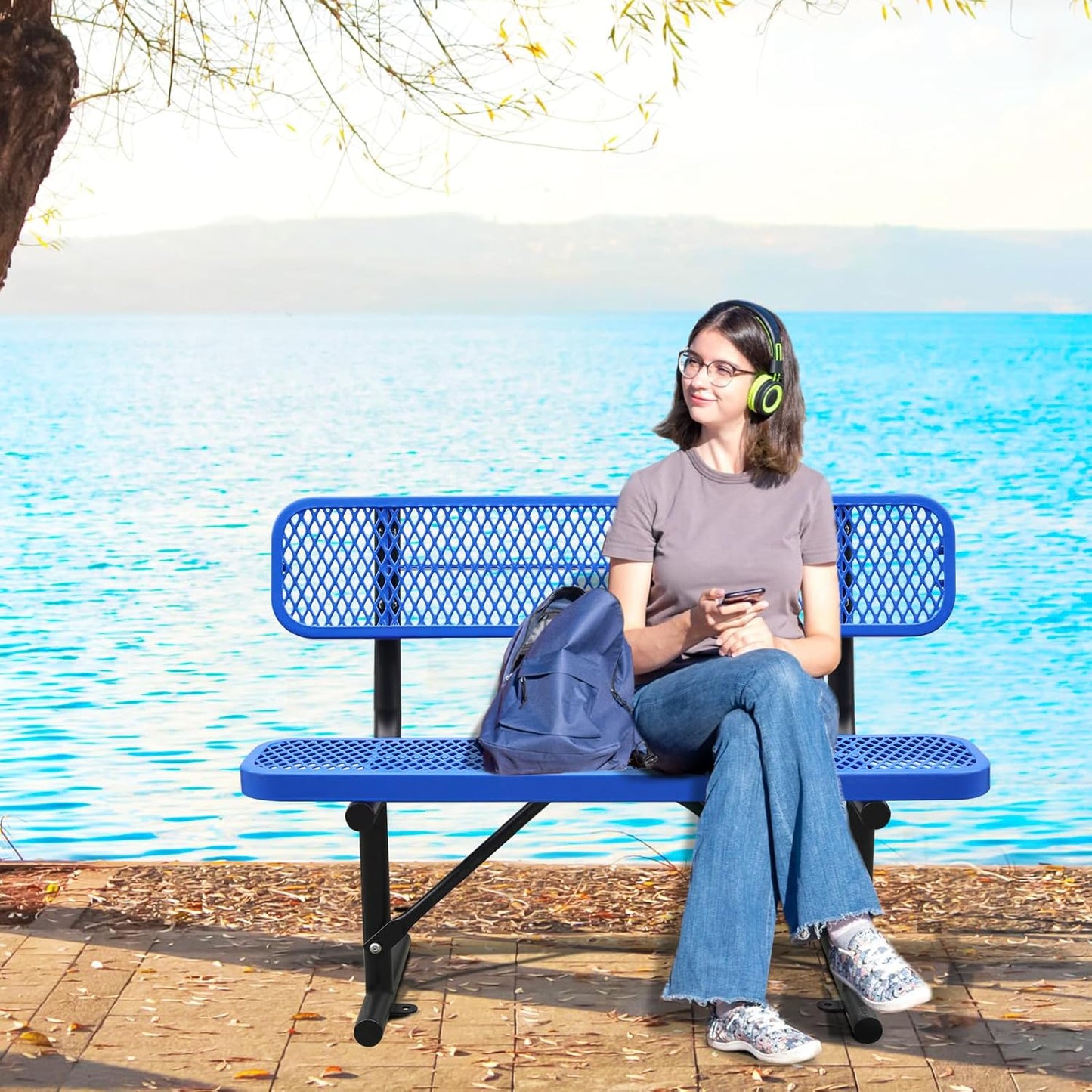 Drexo 4FT Heavy Duty Park Bench with Back Portable Frame, Outdoor Metal Park Bench with Backrest, Steel Mesh Outdoor Bench for Garden, Lawn, Patio, Porch, Park, Yard (Blue, 4FT)