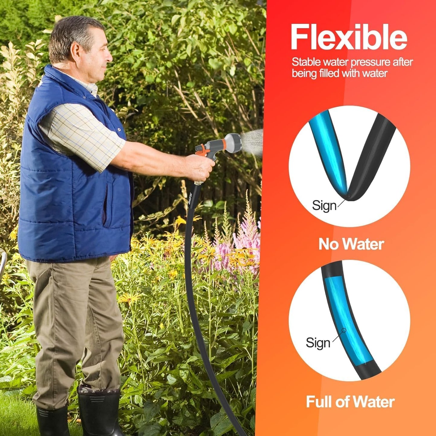 Garden Water Hose 150 ft x 3/4 in Heavy Duty, Flexible and Lightweight, Burst 600 psi, Kink-less Hybrid Rubber Pipe for Backyard, 3/4'' Brass Fittings, Black