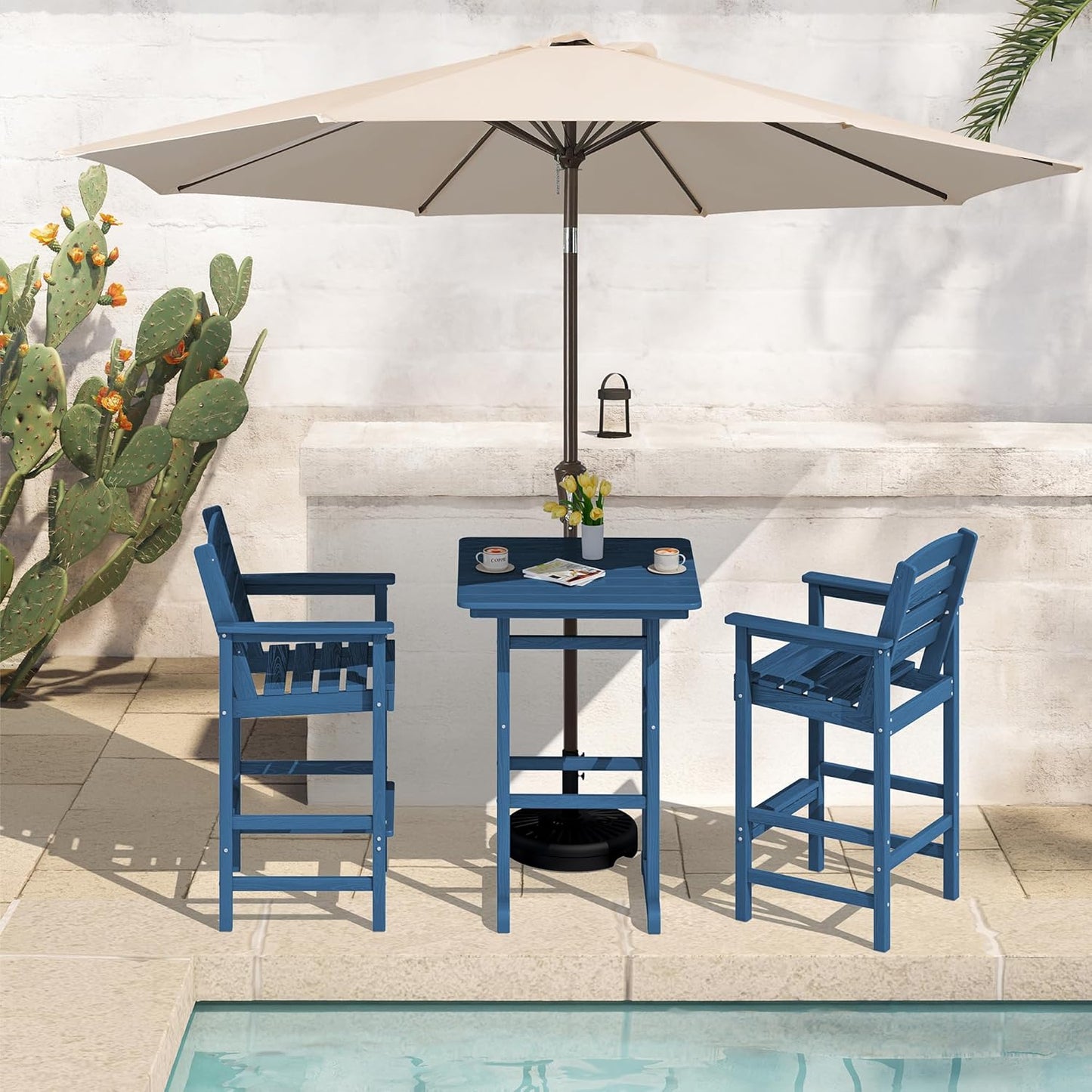 SERWALL 4 Pieces Outdoor Patio Bar Set with 9ft Umbrella, Outdoor HDPE Barstool and Table Furniture Set with Patio Umbrella, Blue