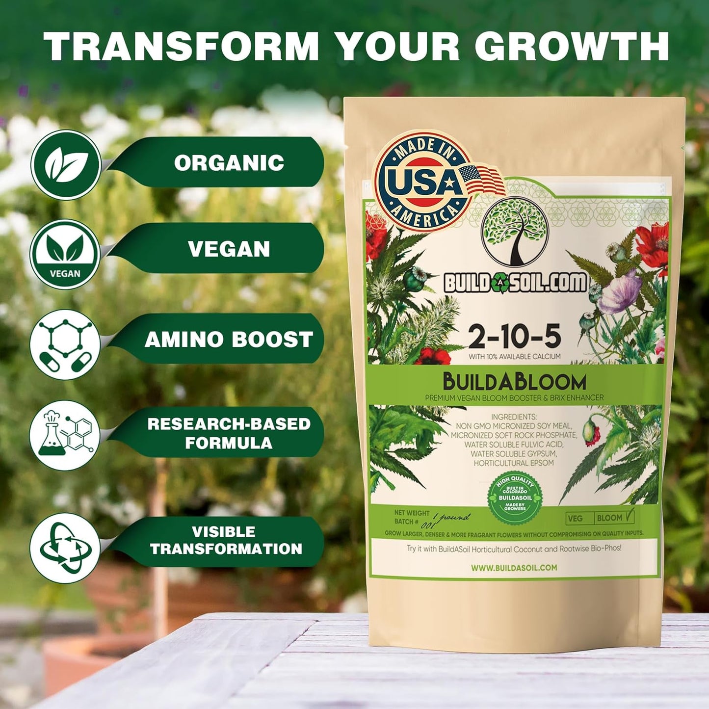 BuildASoil Vegan Bloom Booster & Flower Fertilizer – Organic Hydrangea & Rose Fertilizer Plant Food, Bloom Booster Fertilizer for Outdoor Gardens & Houseplants – Natural Soil Flower Food, 1 LB Bag