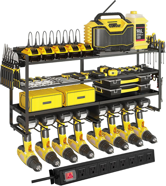 ‌Heavy Duty 4-Layer Power Tool Organizer Wall Mount with 8 Outlet Power Strip- Holds 8 Cordless Drills, 400lbs Capacity Metal Garage Storage Rack‌