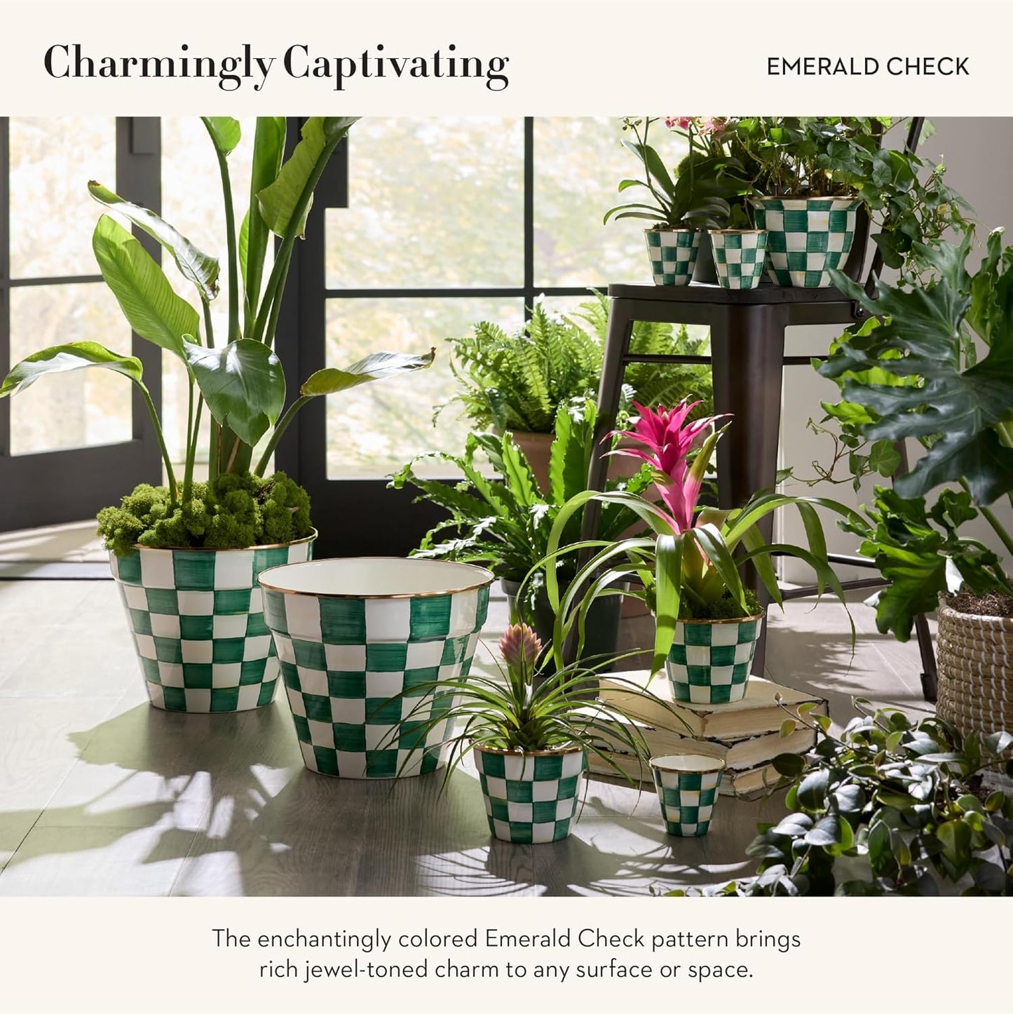 MACKENZIE-CHILDS Enamel Garden Pot, Decorative Pot for Plants, Outdoor Flowerpot Decor, Small, Green-and-White Emerald Check