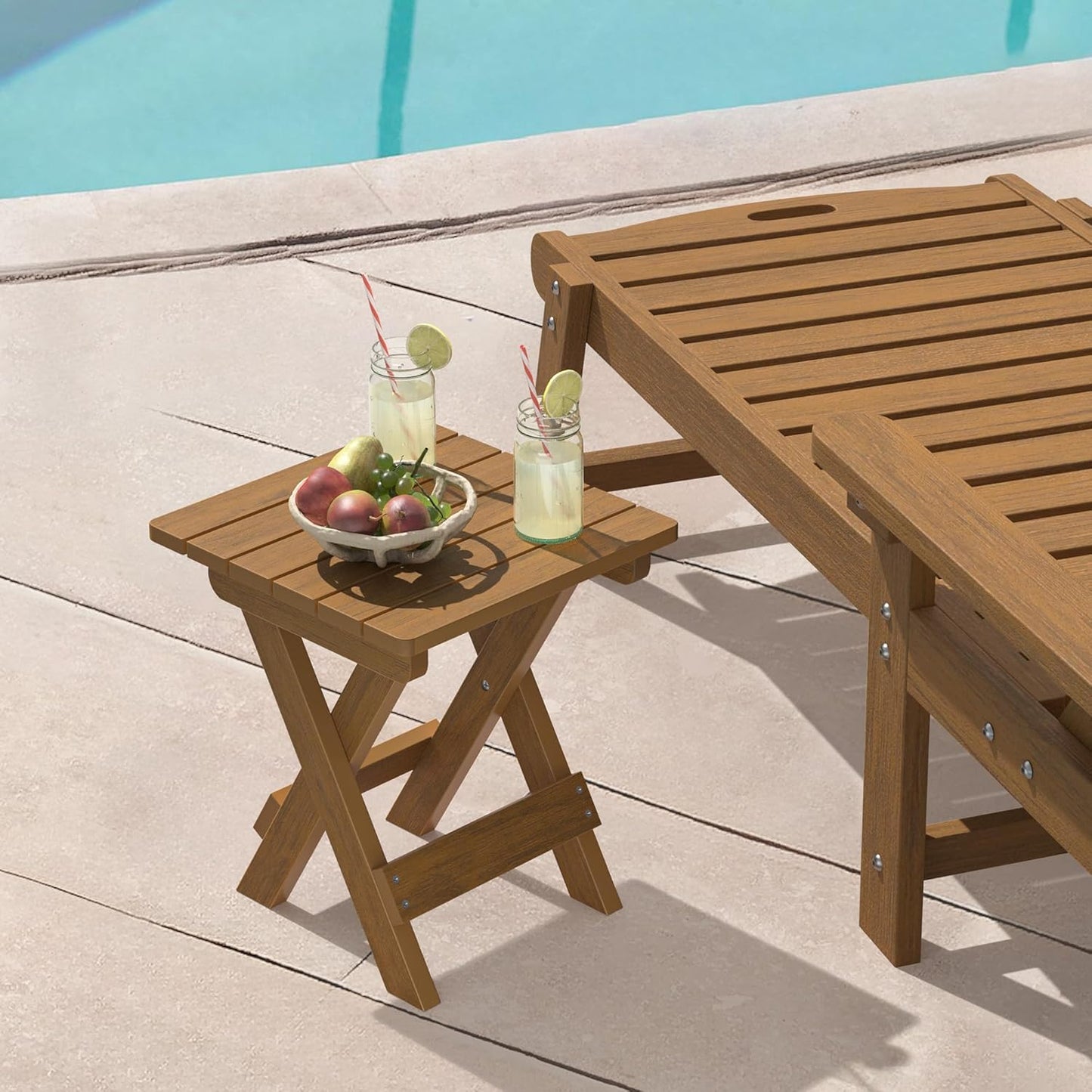 LUE BONA Small Outdoor Folding Side Table, HDPS Outside End Table for Patio, Porch, Deck, Pool, 14 Inch Height, Teak Color Oil Printed