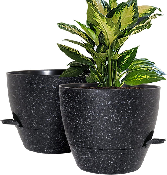 WOUSIWER 10 inch Self Watering Planters, 2 Pack Large Plastic Plant Pots with Deep Reservior and High Drainage Holes for Indoor Outdoor Plants and Flowers, Speckled Black
