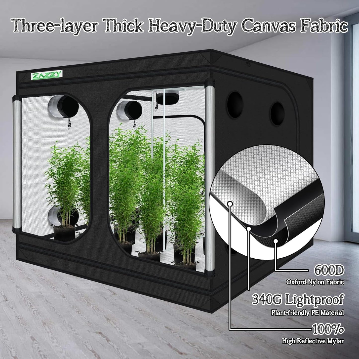zazzy Growing Tent, 120"x120"x78" Grow Tent High Reflective Mylar with Observation Window and Removable Floor Tray for Hydroponics Indoor Plant Growing 10x10