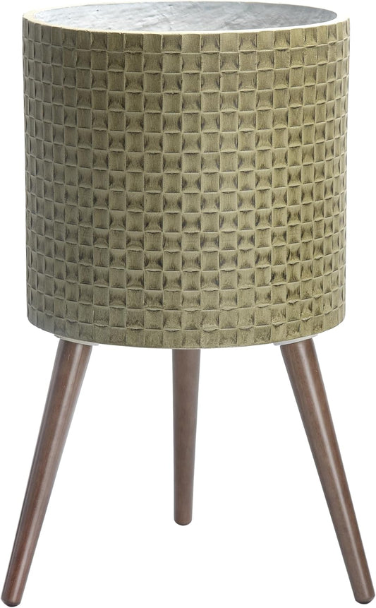 D'vine Dev 14 Inch Modern Geometric Tile Patterned Sleek Planter Pot with Stand, Indoor Outdoor Decorative Plant Holder, Distressed Olive, 88-Z-D-4